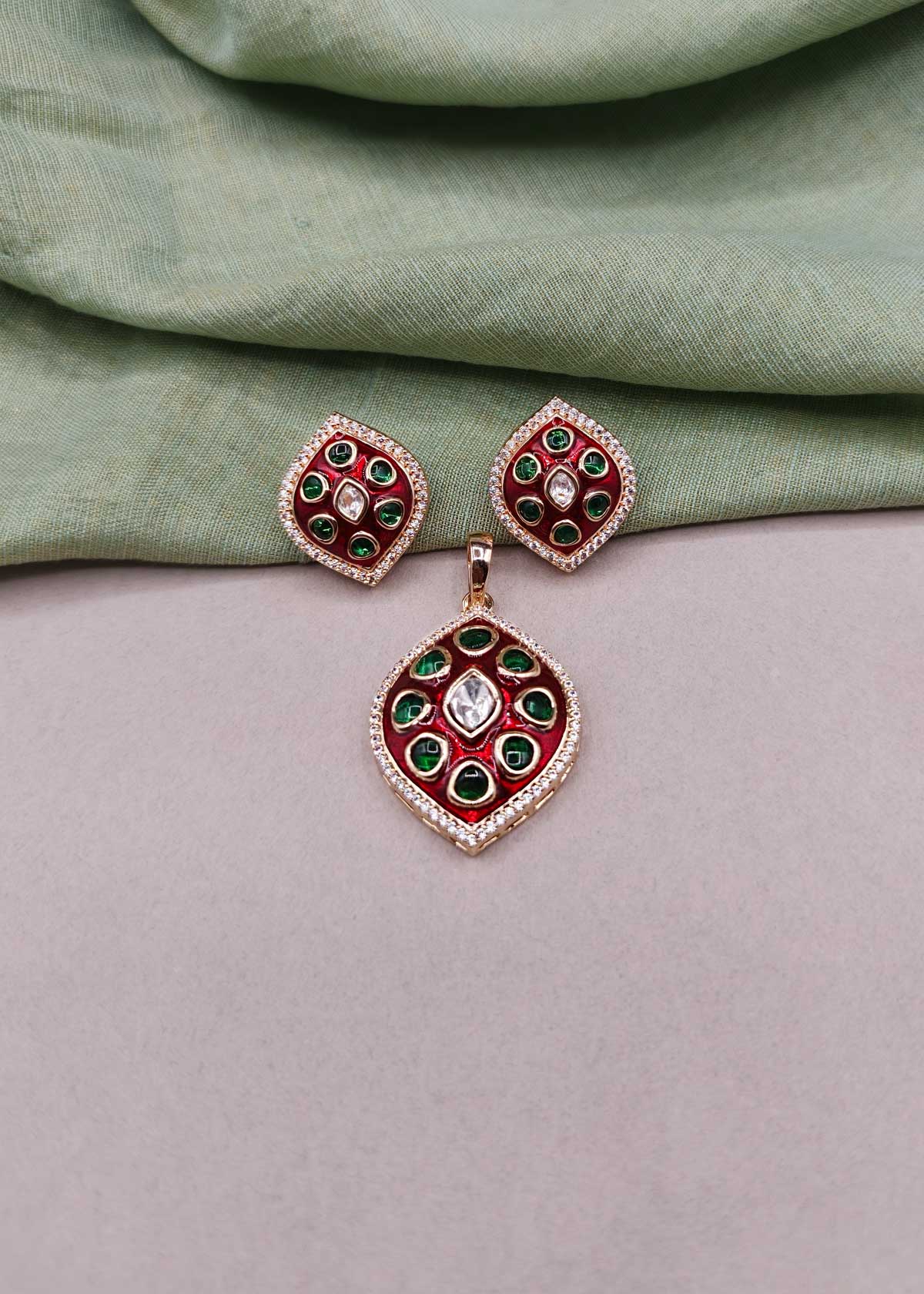 Traditional Rajasthani Meenakari With Cubic Zircon & Uncut Kundan Large Pendant Set For Women