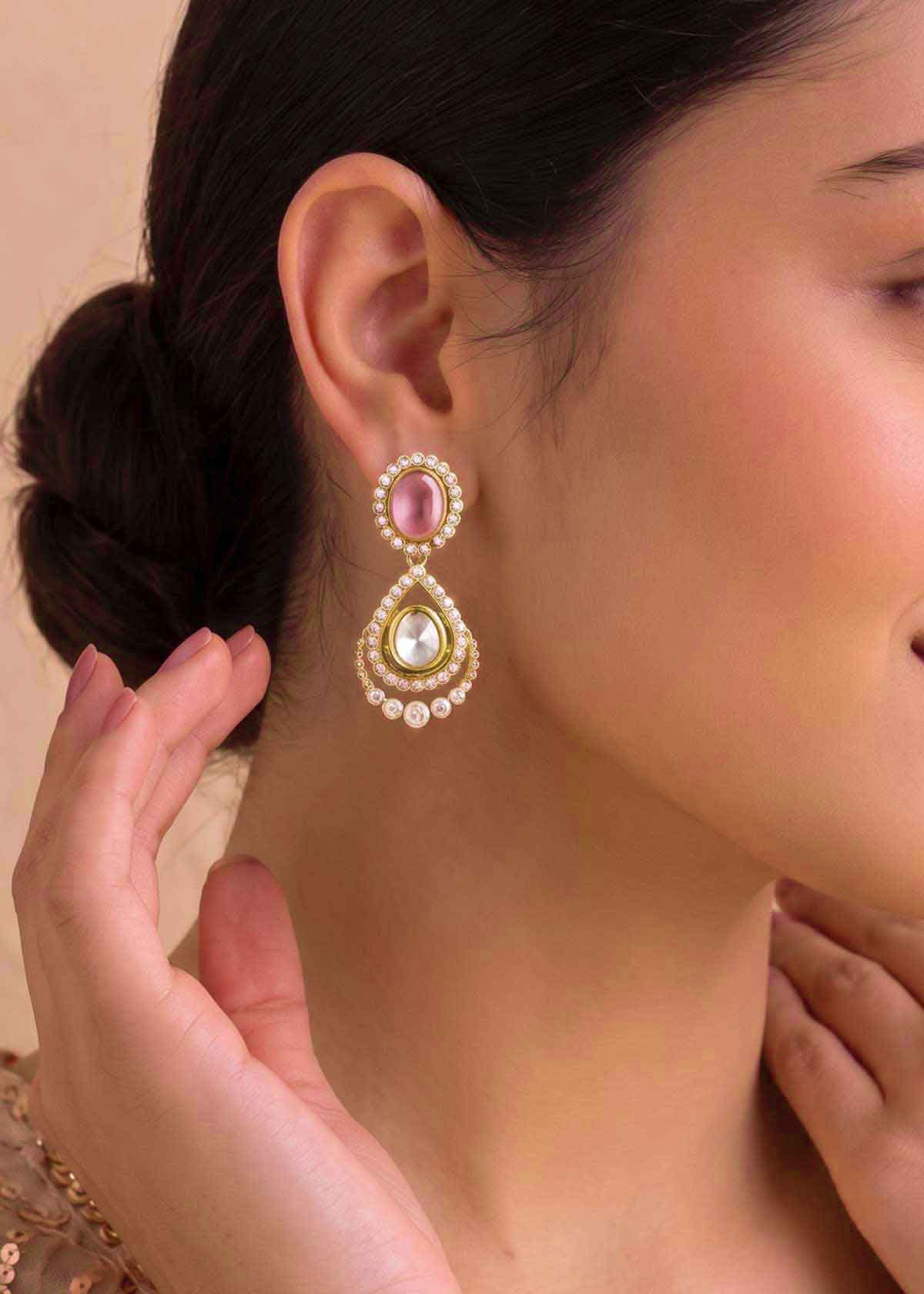 Regal Oval Gemstone, Cubic Zircon & Teardrop Kundan Big Pendant Set For Women