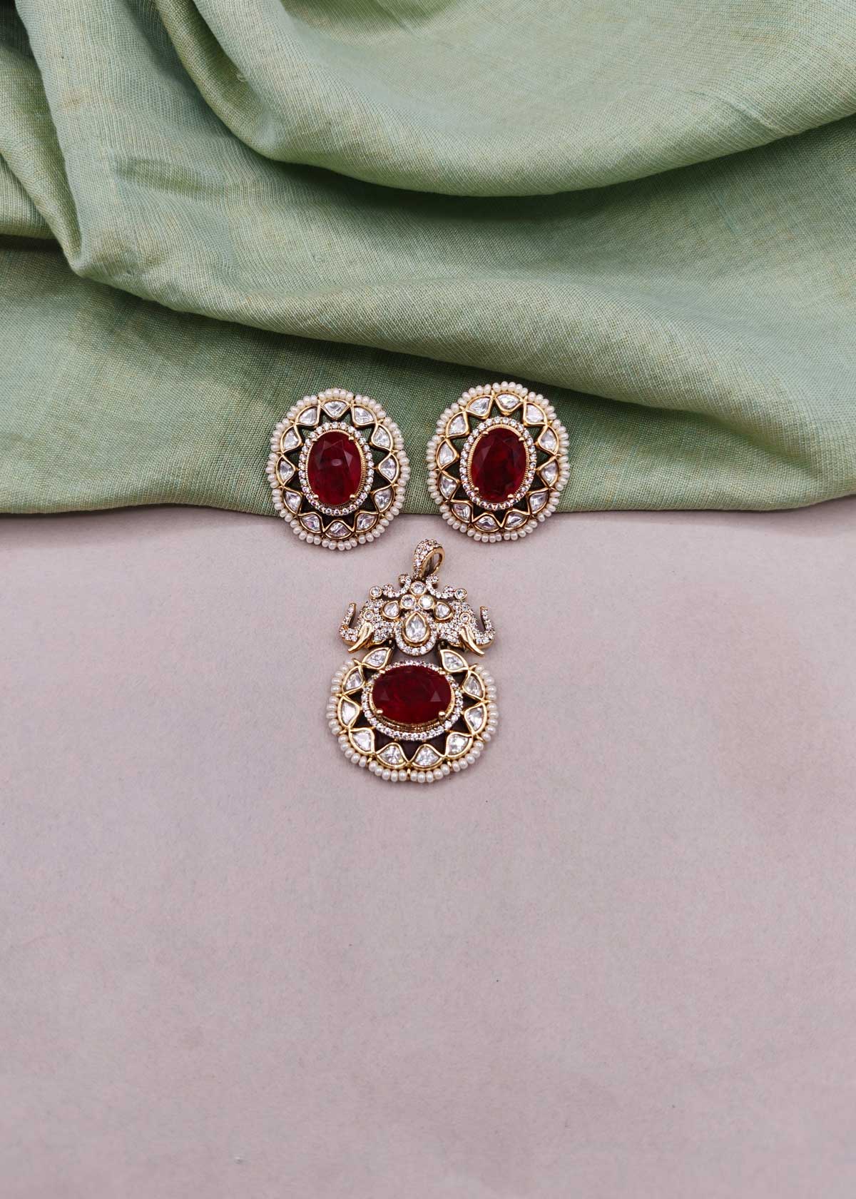 Majestic Royal Elephant Motif Kundan, Oval Gemstone & Cubic Zircon Heavy Pendant Set For Women