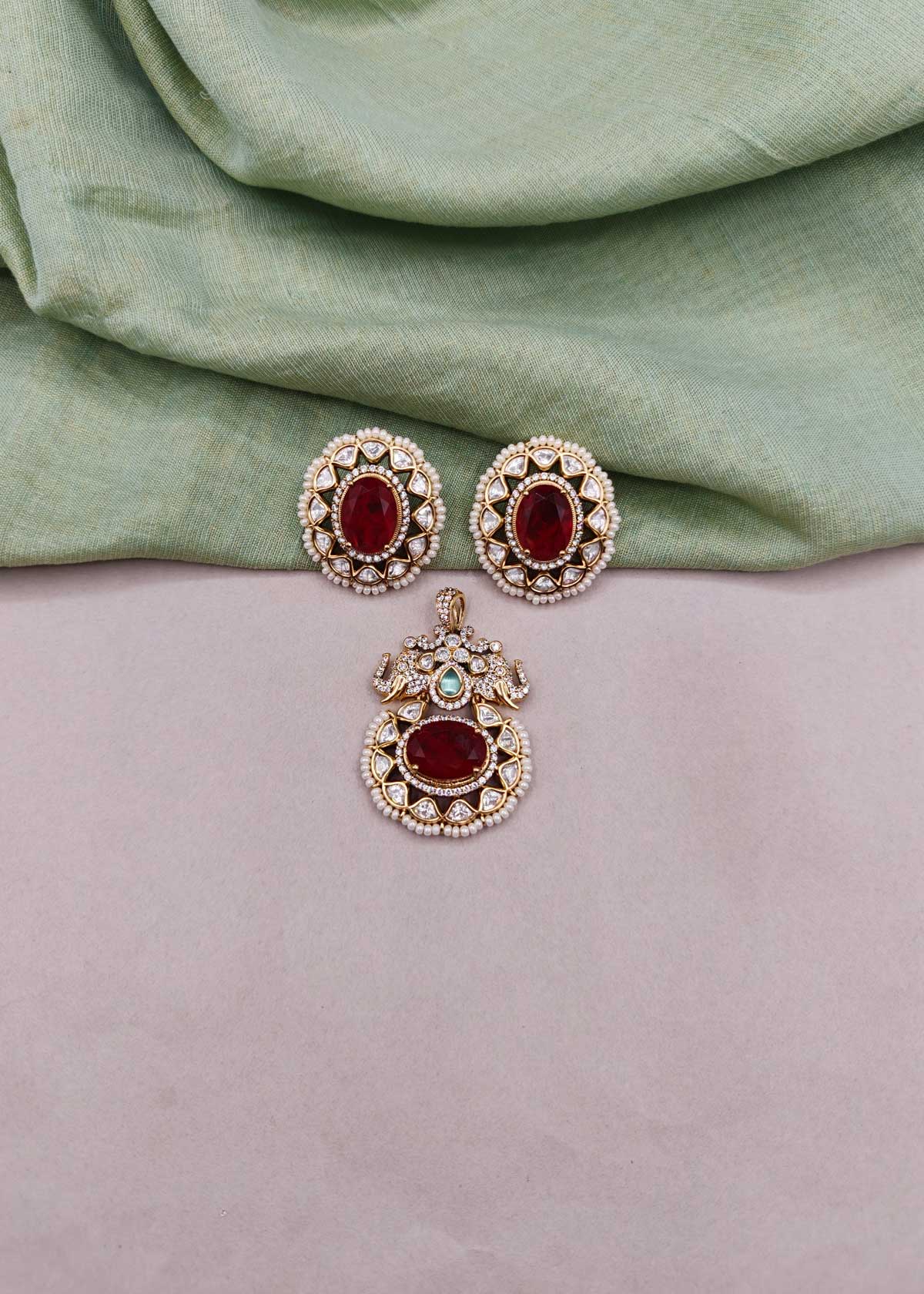 Majestic Royal Elephant Motif Kundan, Oval Gemstone & Cubic Zircon Heavy Pendant Set For Women