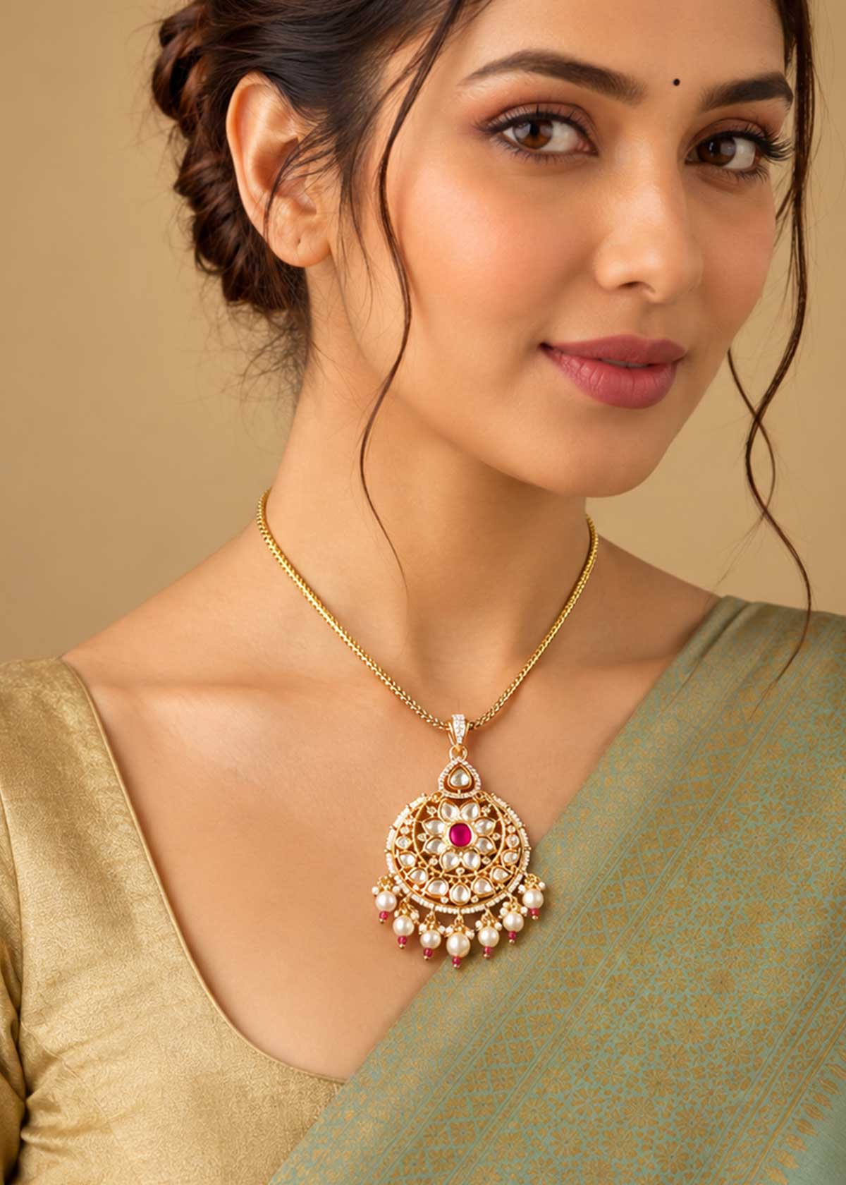 Vintage Style Kundan, Zircon & Pearl Cluster Big Pendant Set With Chain For Women