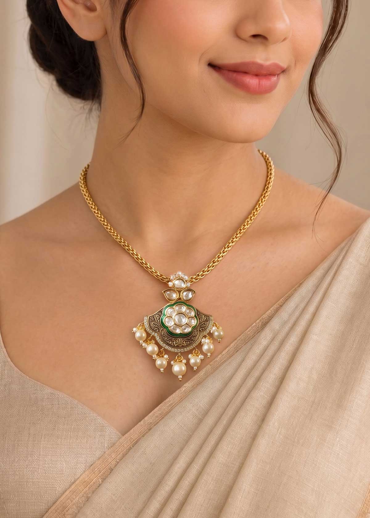 Traditional Kundan, Zircon, & Pearl Drop Heavy Pendant Set With Chain For Women