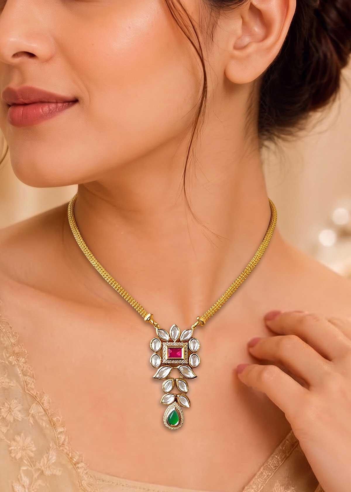 Vintage Kundan Leaf & Cubic Zircon Heavy Pendant Set With Textured Chain For Women