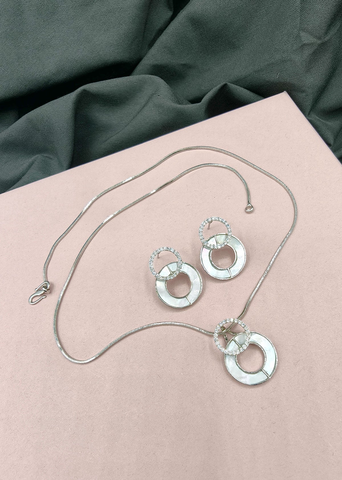 Dual Hoop Mother Of Pearl & Cubic Zircon Silver Pendant Set With Chain For Women