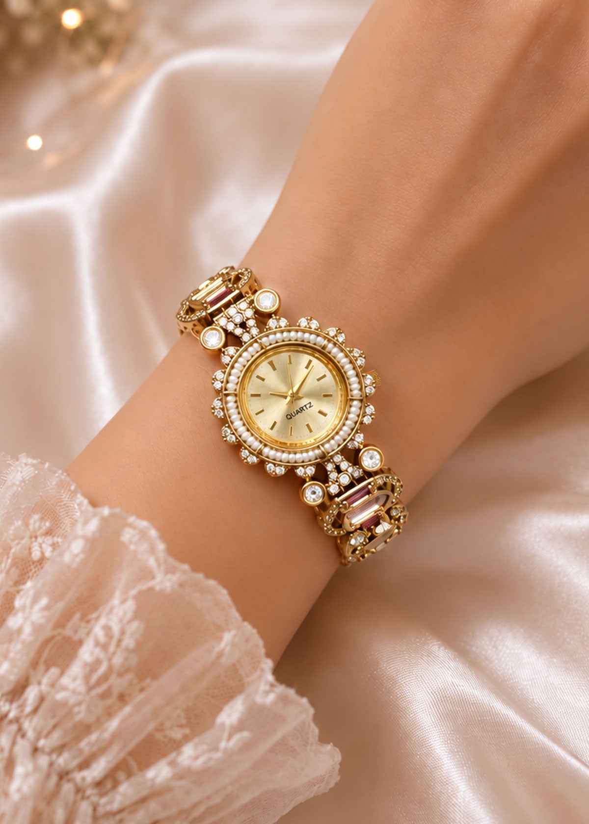 Traditional Kundan, Pearl & Cubic Zircon Heavy Adjustable Watch For Women