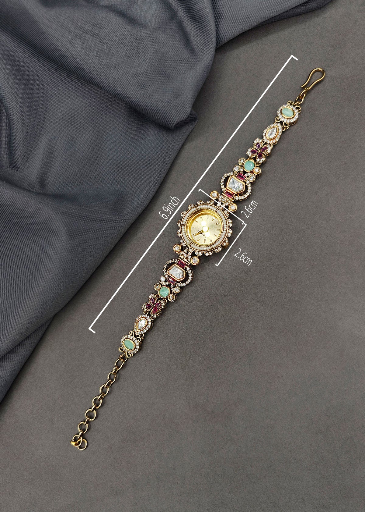 Traditional Kundan, Seed Pearl & Cubic Zircon Heavy Adjustable Bracelet Watch For Women