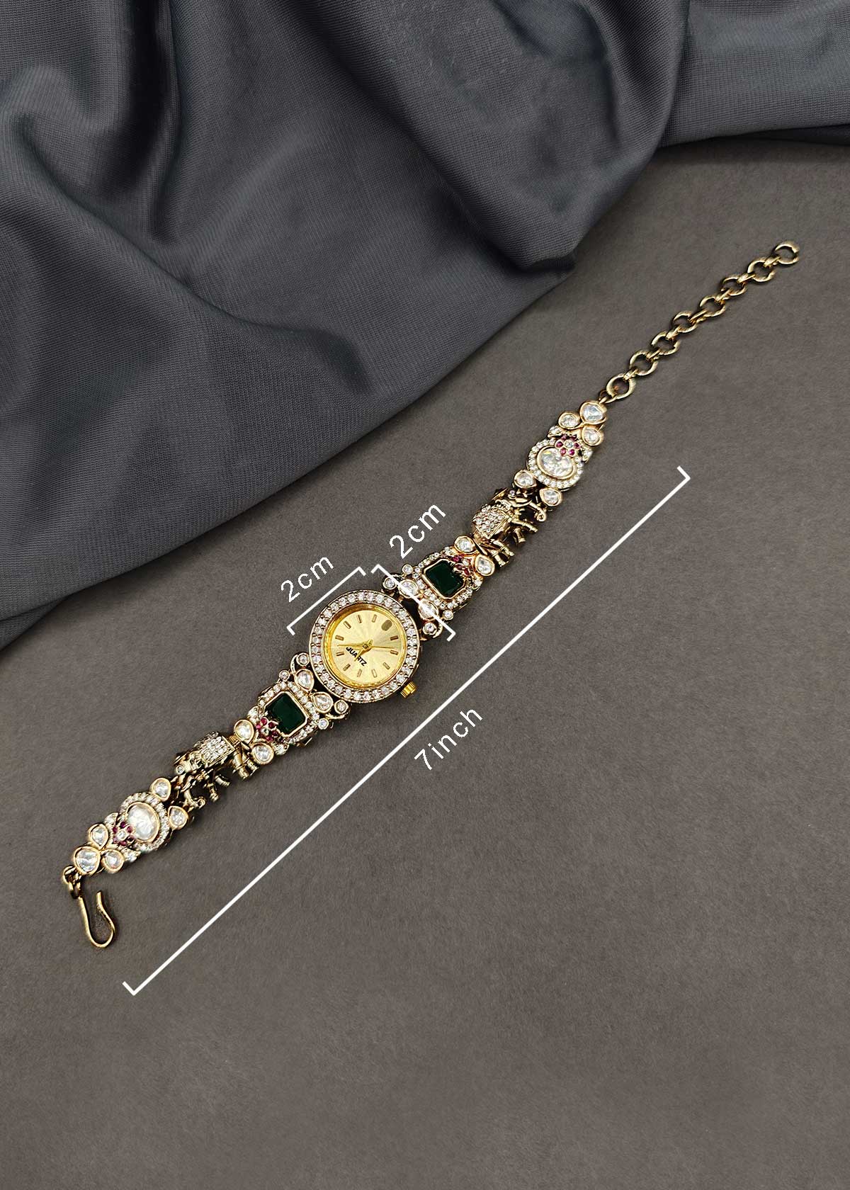 Heavy Royal Elephant Motif Kundan & Cubic Zircon Adjustable Bracelet Watch For Women