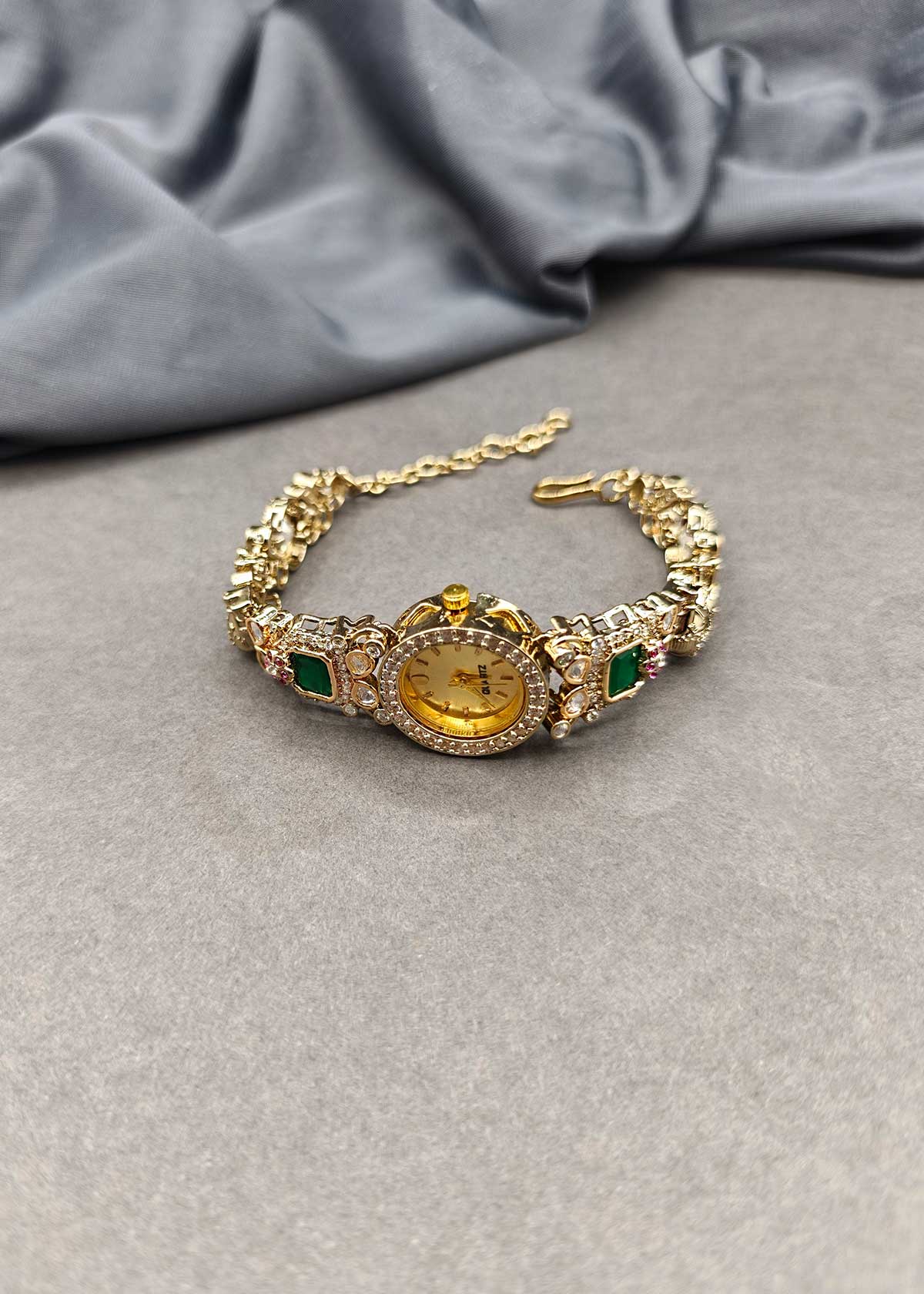 Heavy Royal Elephant Motif Kundan & Cubic Zircon Adjustable Bracelet Watch For Women