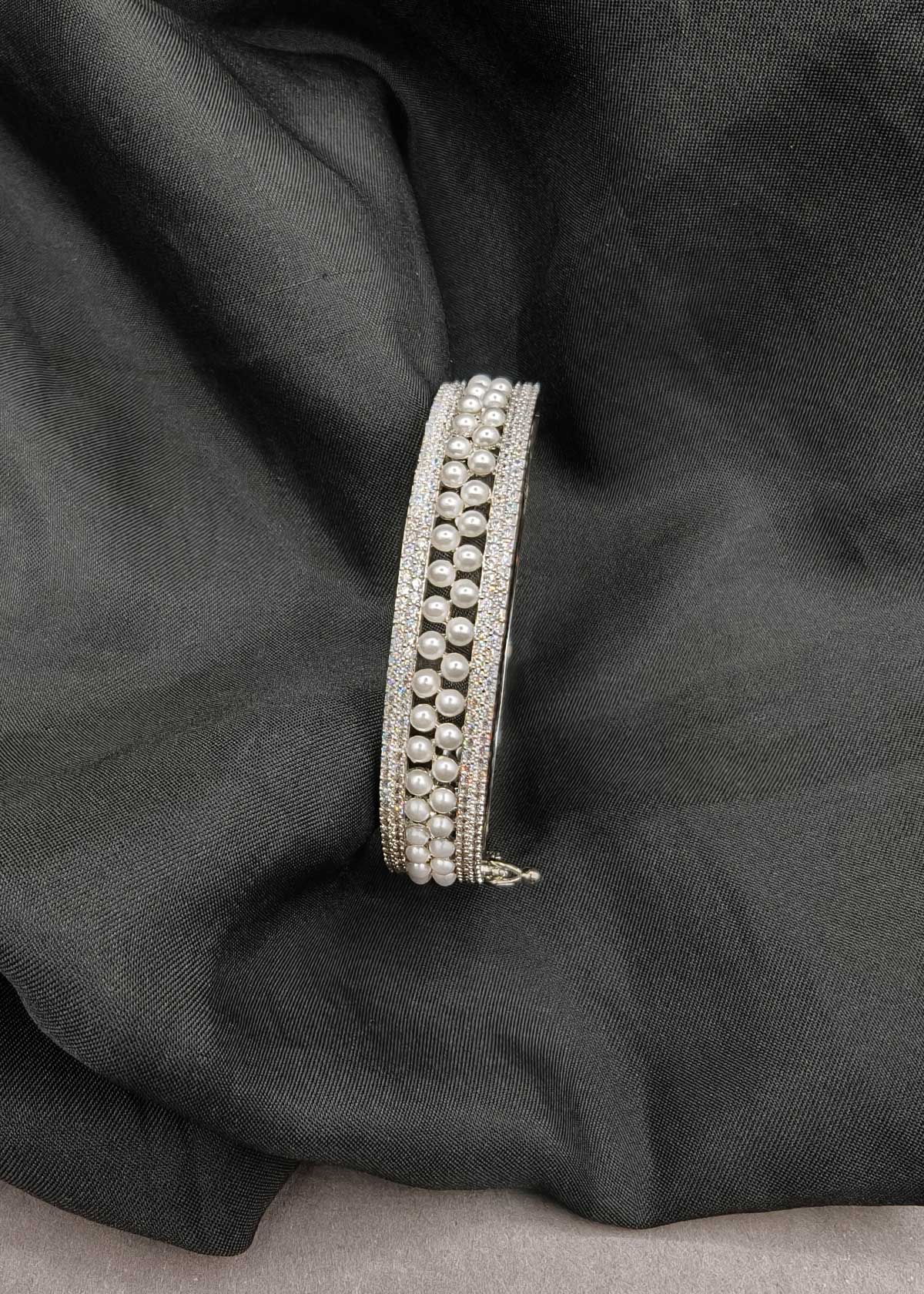 Elegant Two Row Pearl & Sparkling Cubic Zircon Border Openable Kada Bracelet For Women