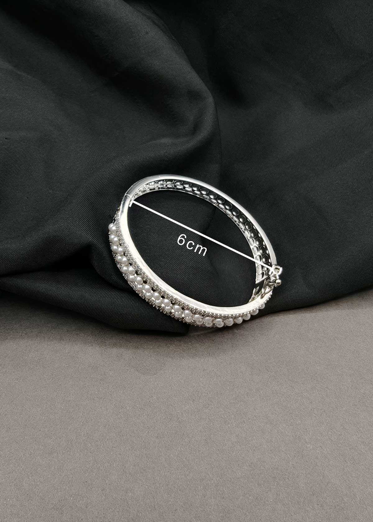 Elegant Two Row Pearl & Sparkling Cubic Zircon Border Openable Kada Bracelet For Women