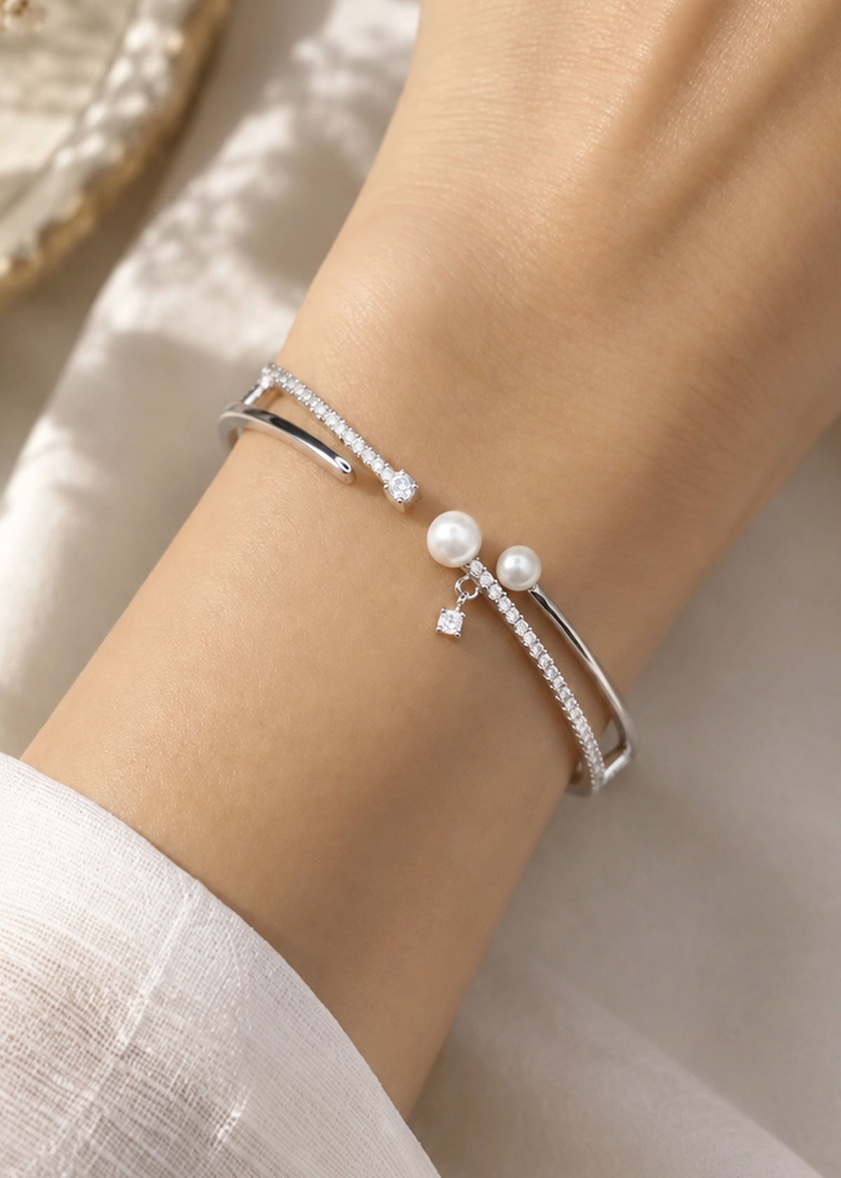 Sleek Double Band Pearl & Sparkling Cubic Zircon Openable Kada Bracelet For Women