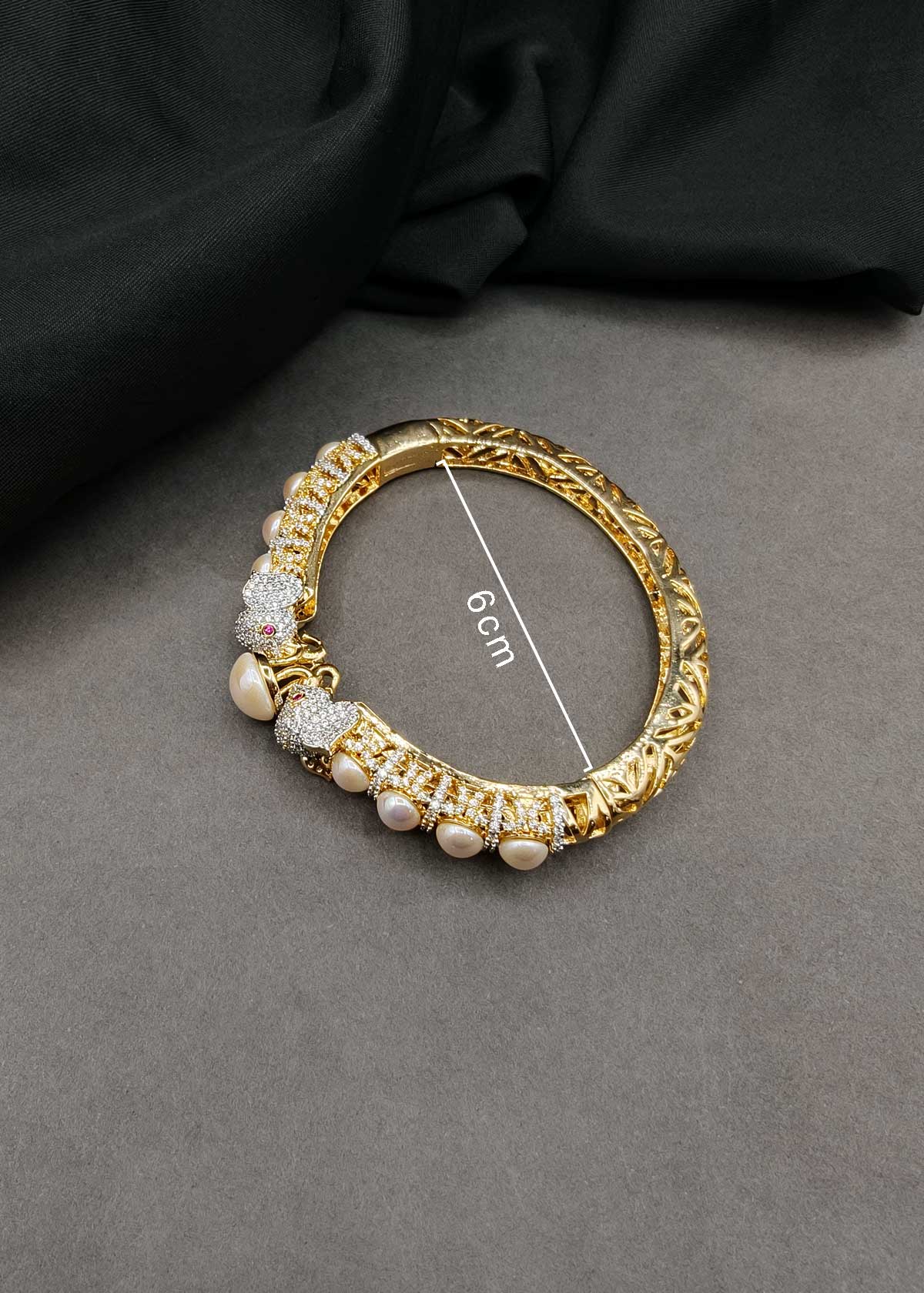 Royal Majestic Elephant Design Pearl & Cubic Zircon Heavy Openable Kada Bracelet For Women