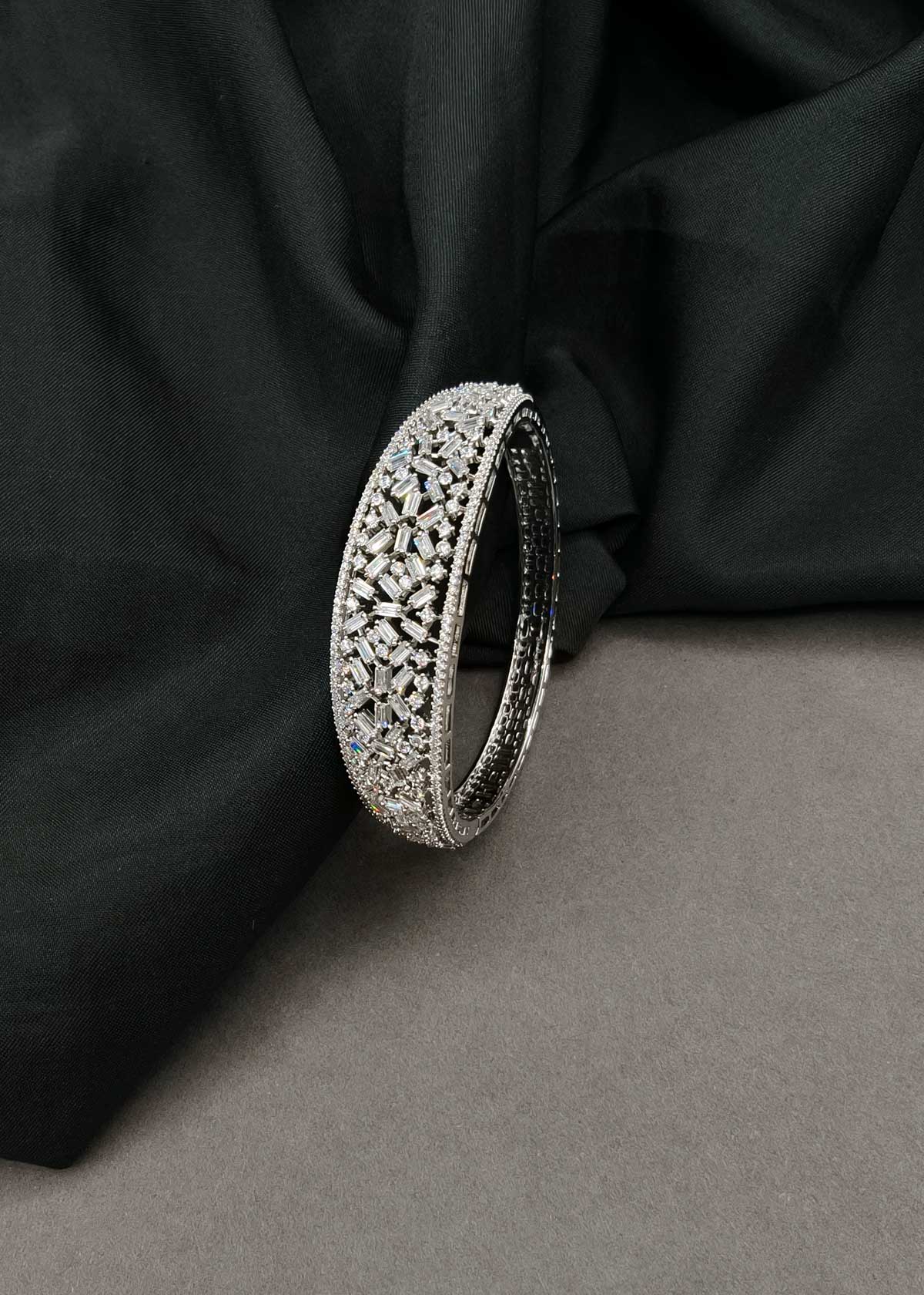 Glamorous Baguette Cut Diamond & Cubic Zircon Broad Openable Kada Bracelet For Women