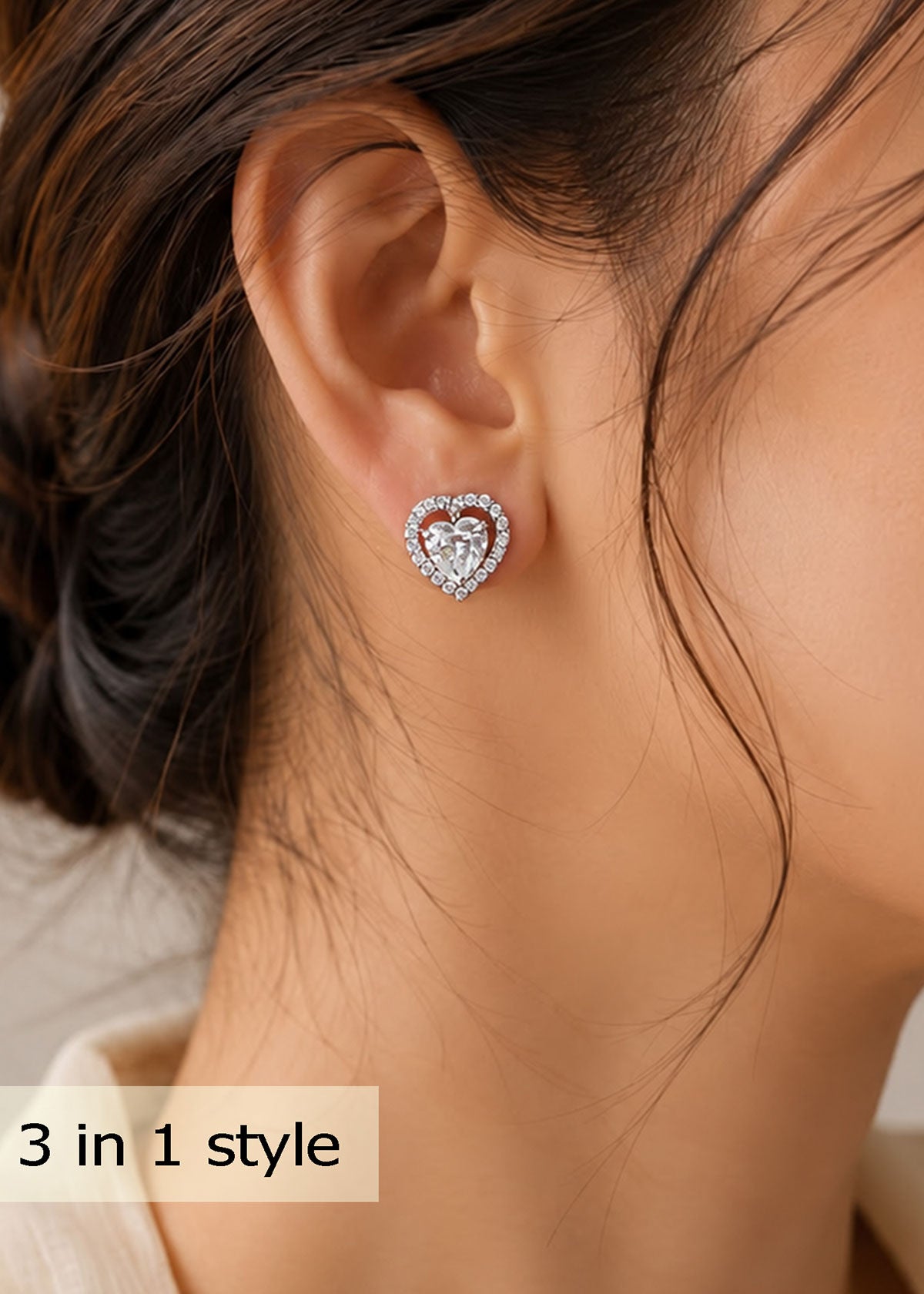 92.5 Silver 3 In 1 Detachable Heart Zircon Solitaire Small Stud Earrings For Women