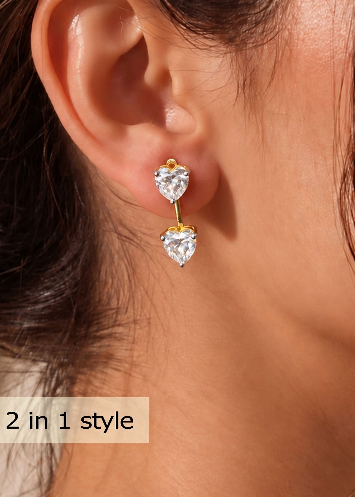 92.5 Silver Convertible 2 In 1 Diamond Heart Small Stud Earrings For Women
