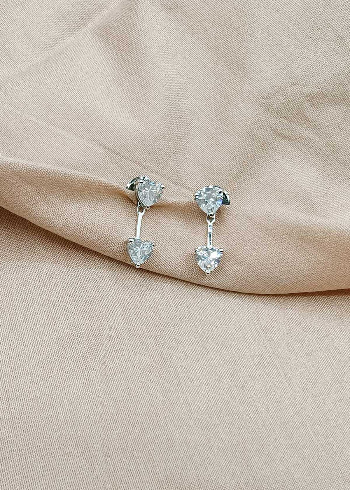 92.5 Sterling Silver Versatile Convertible 2 In 1 Cubic Zircon Double Heart Small Stud Earrings For Women