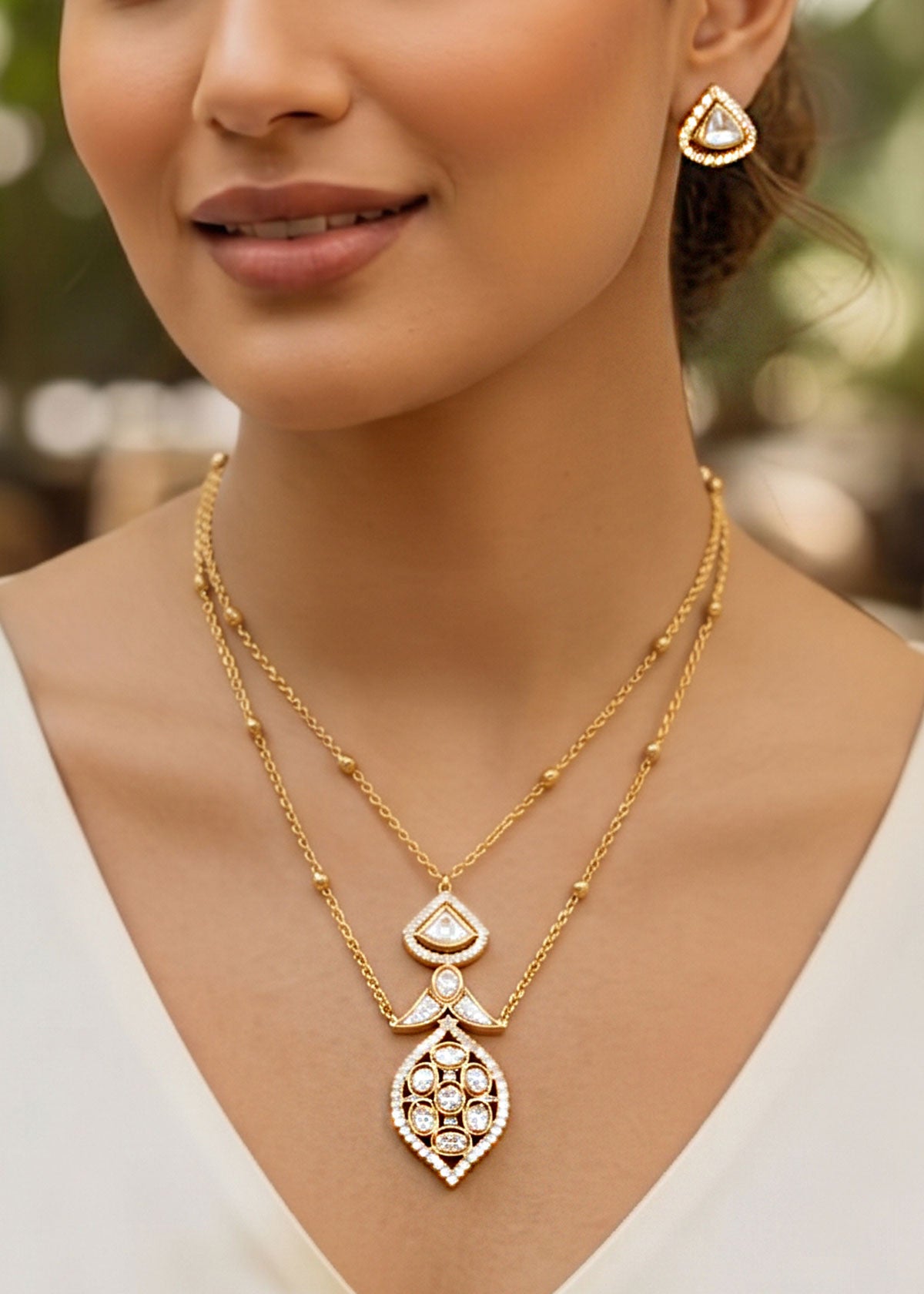 Kundan & Cubic Zircon Leaf Motif Beaded Chain Necklace Set For Women