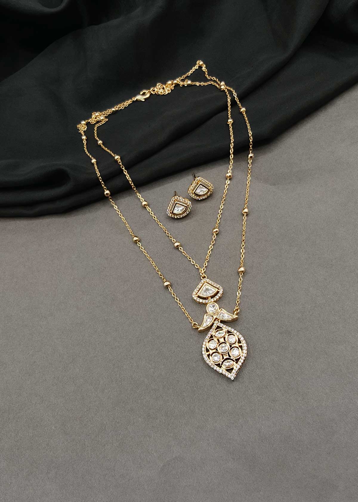 Kundan & Cubic Zircon Leaf Motif Beaded Chain Necklace Set For Women
