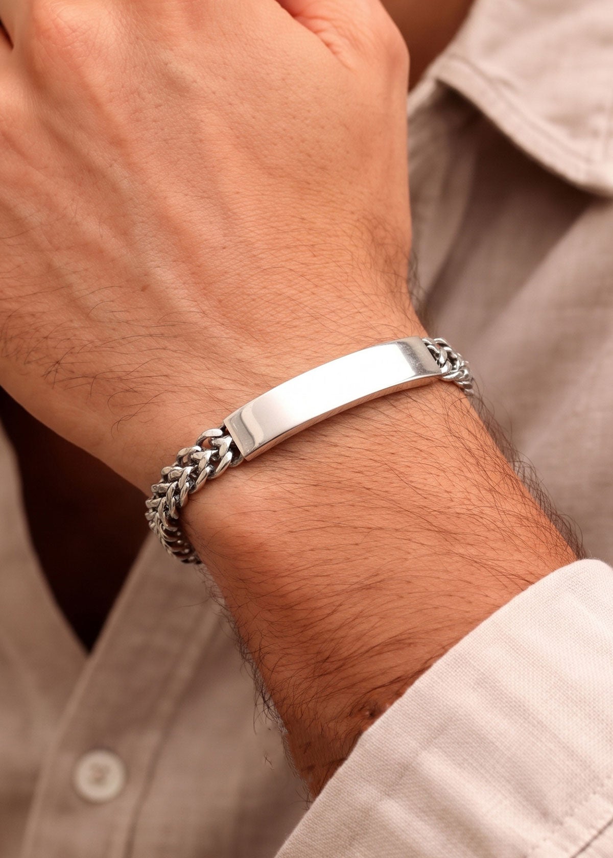 92.5 Sterling Silver Curved Bar Link Men's Broad Loose Bracelet