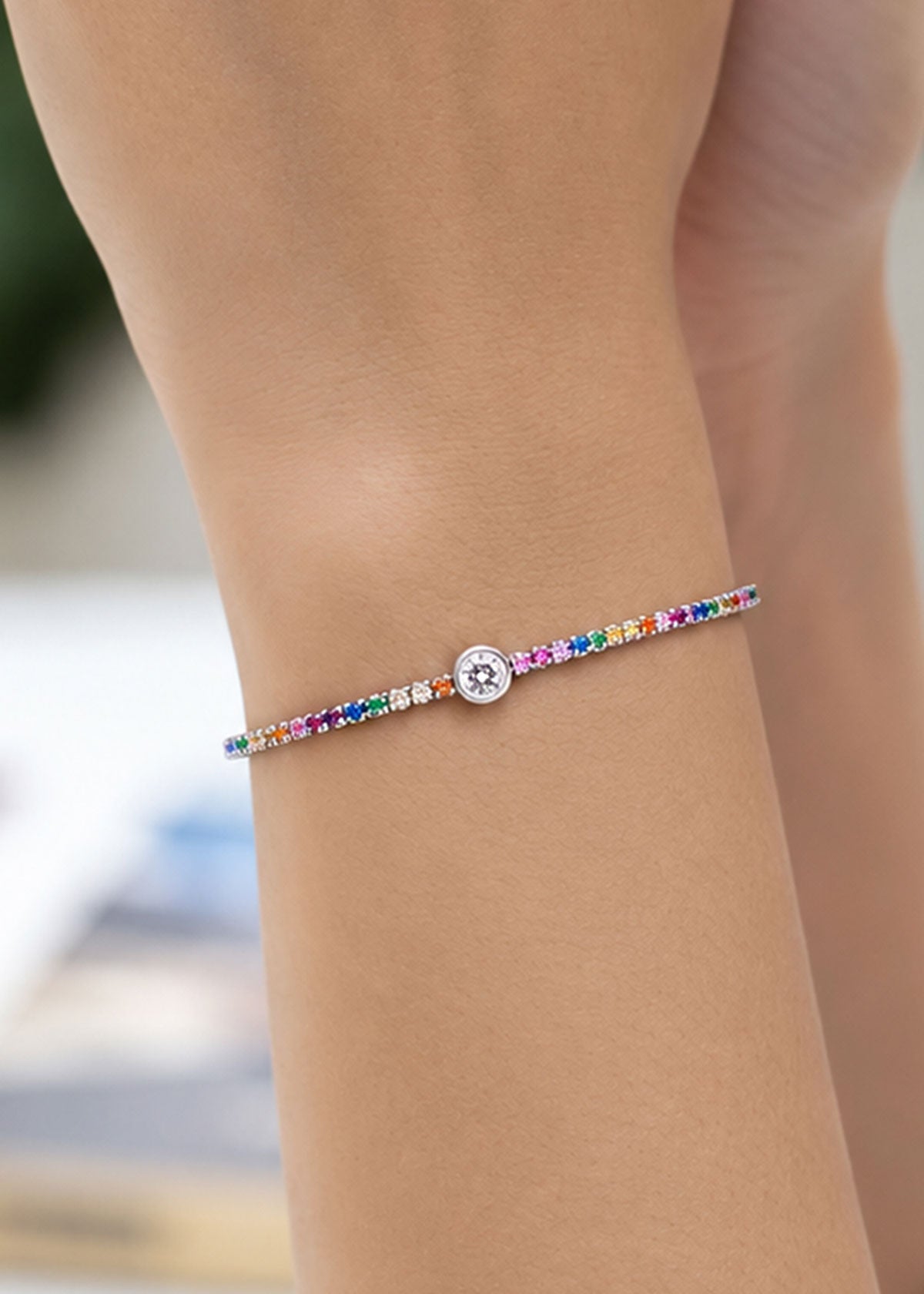92.5 Silver Rainbow Zircon Delicate Adjustable Loose Tennis Bracelet For Women