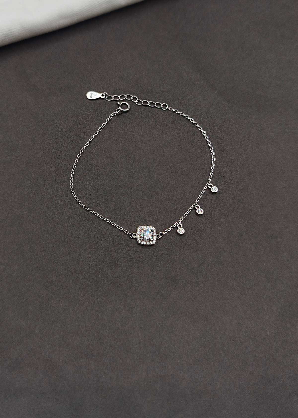 92.5 Silver Solitaire & Cubic Zircon Dangle Adjustable Loose Bracelet For Women