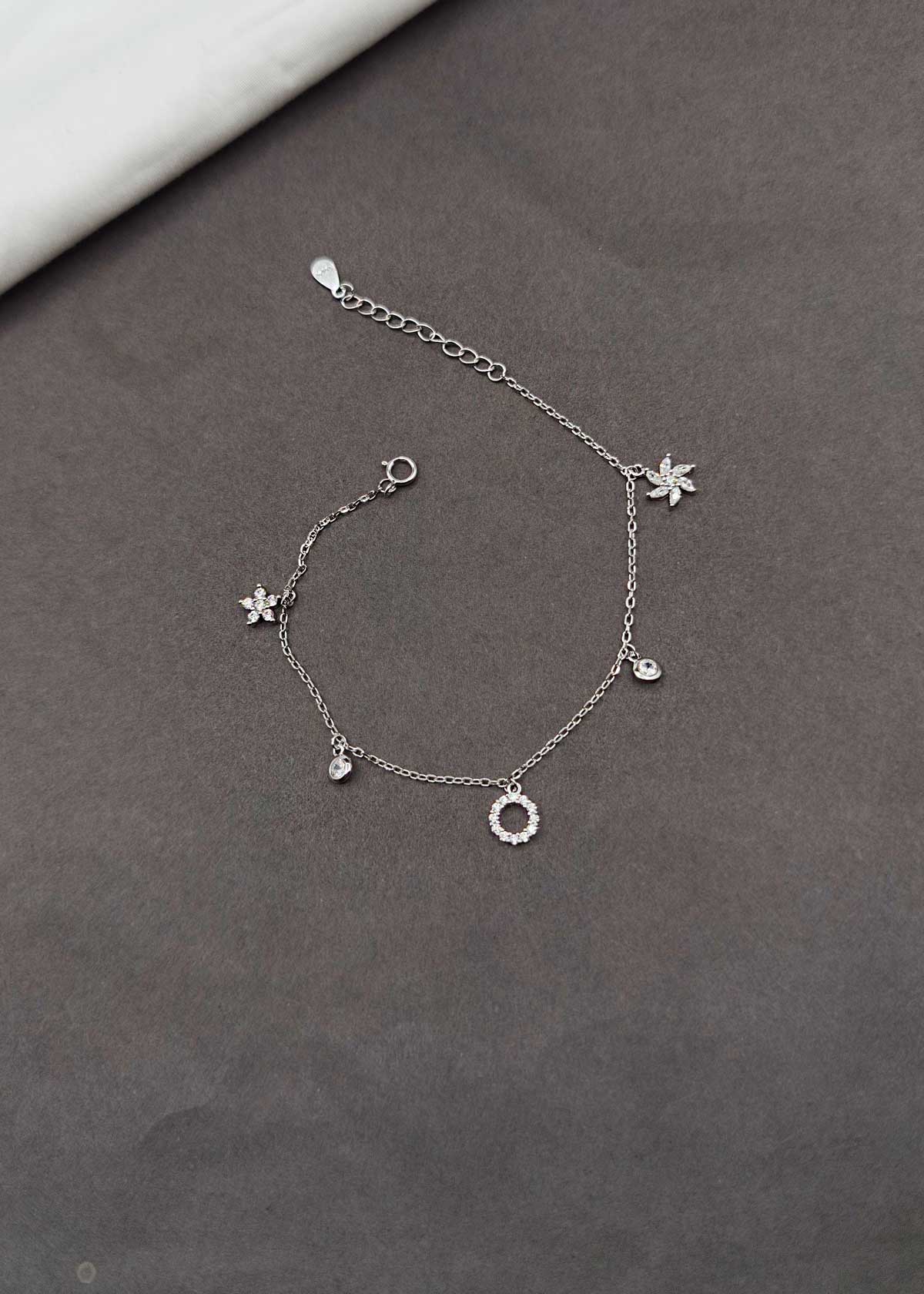 92.5 Silver Floral & Circle Zircon Delicate Adjustable Loose Bracelet For Women
