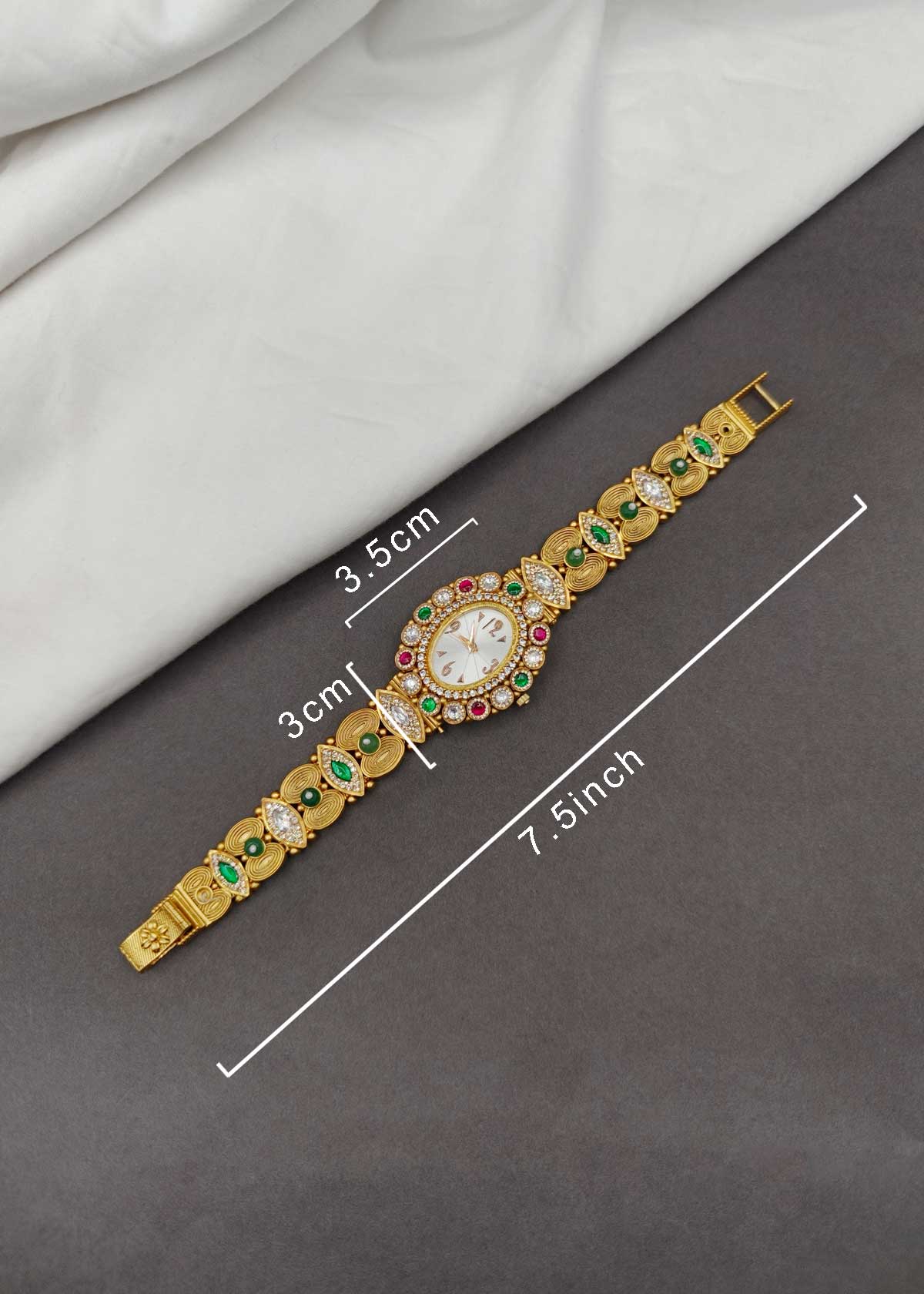 Kundan & Cubic Zircon Heavy Link Bracelet Watch For Women