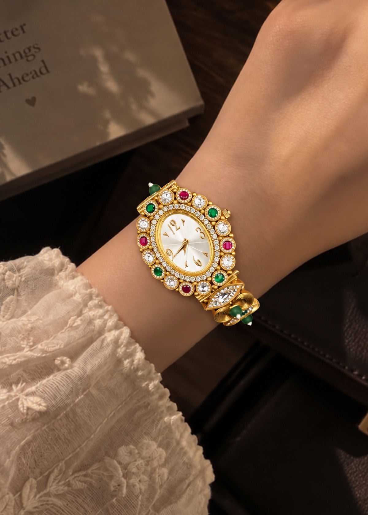 Kundan & Cubic Zircon Heavy Link Bracelet Watch For Women