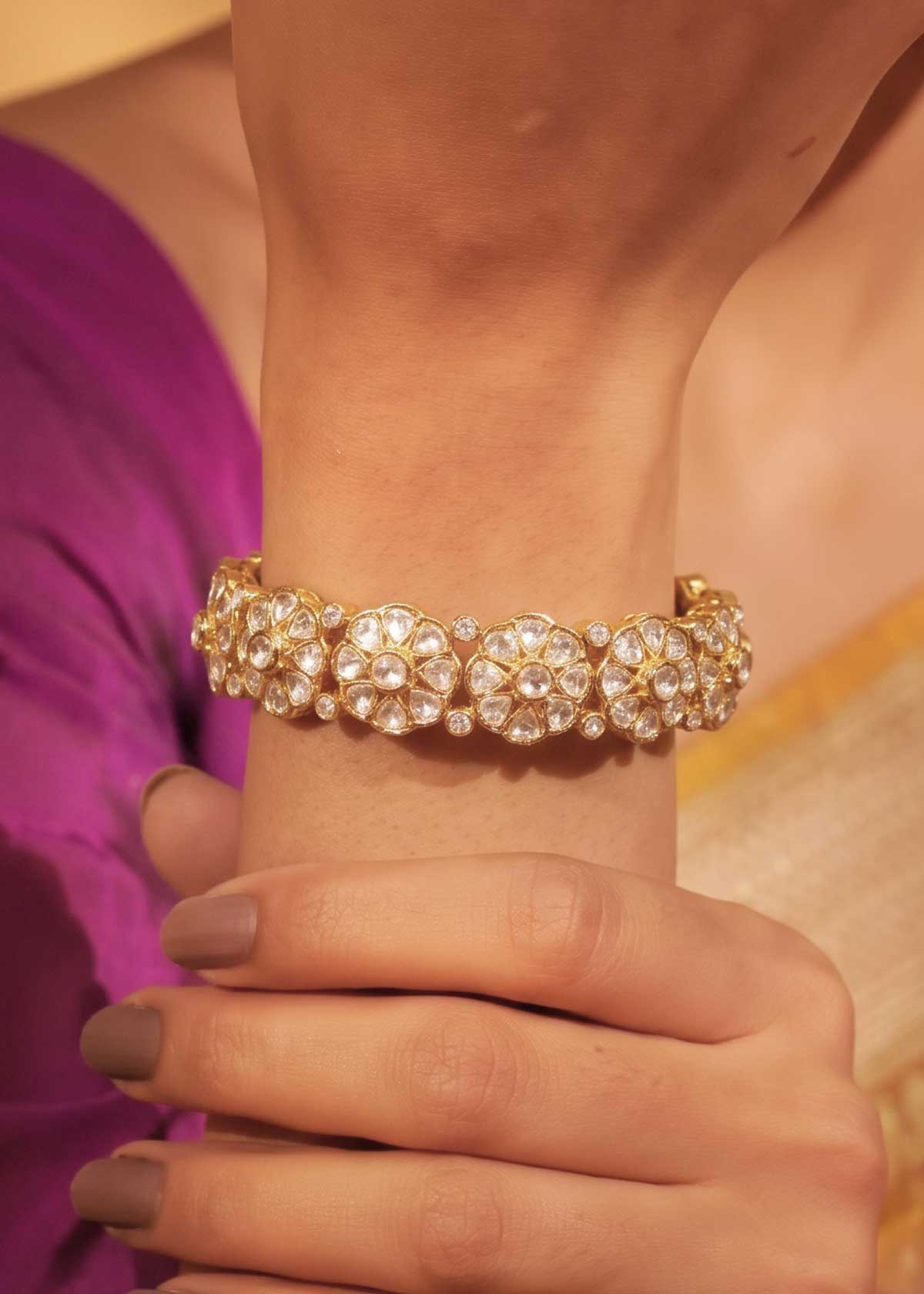Floral Moissanite & Cubic Zircon Openable Kada Bangles For Women (Pair)