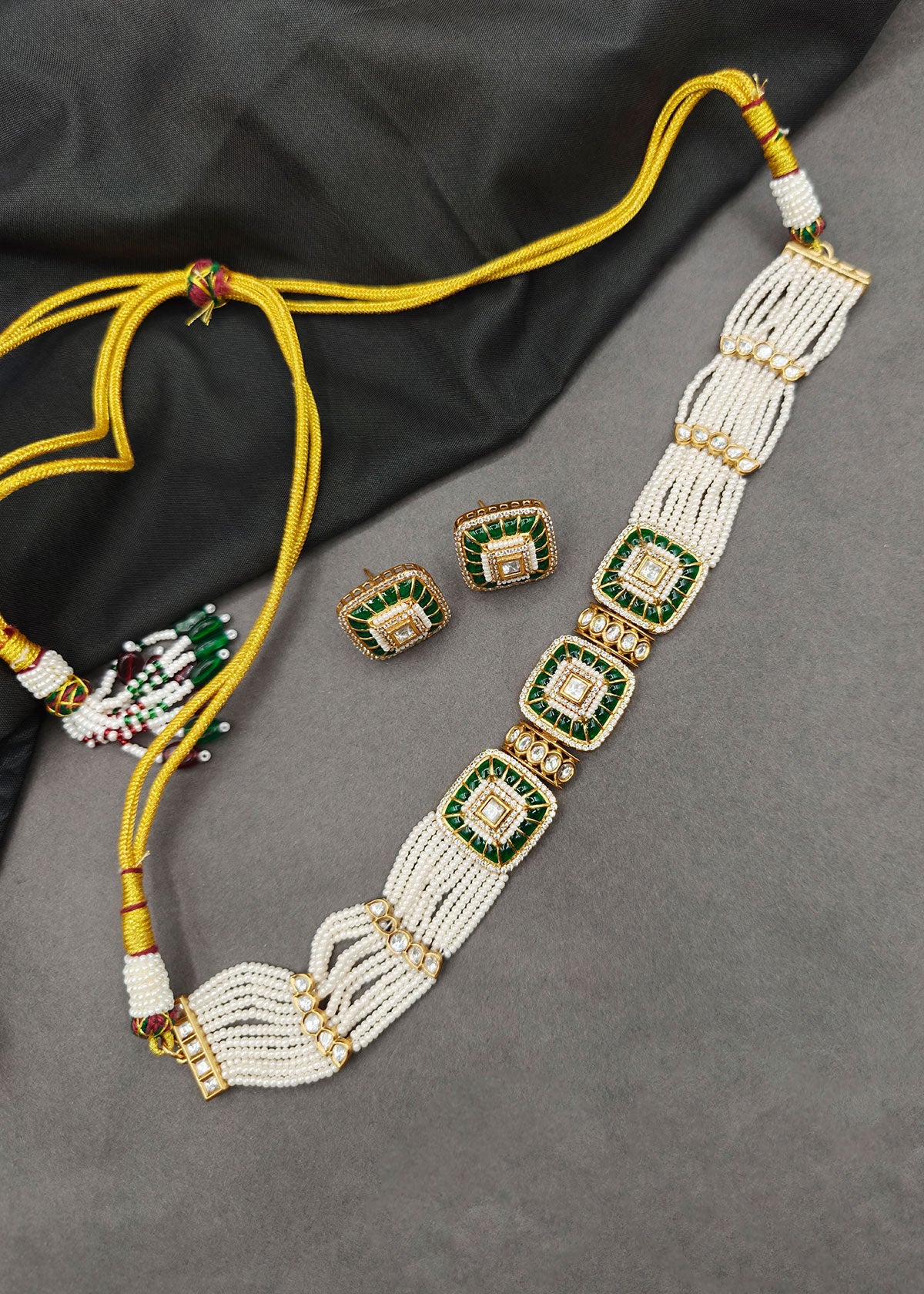 Kundan, Zircon & Pearl Square Motif Adjustable Choker Necklace Set For Women