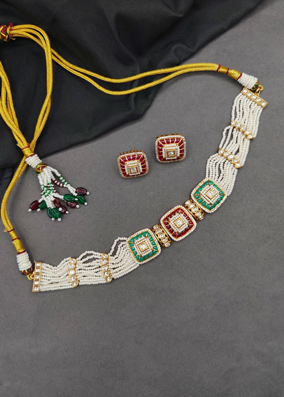 Kundan, Zircon & Pearl Square Motif Adjustable Choker Necklace Set For Women