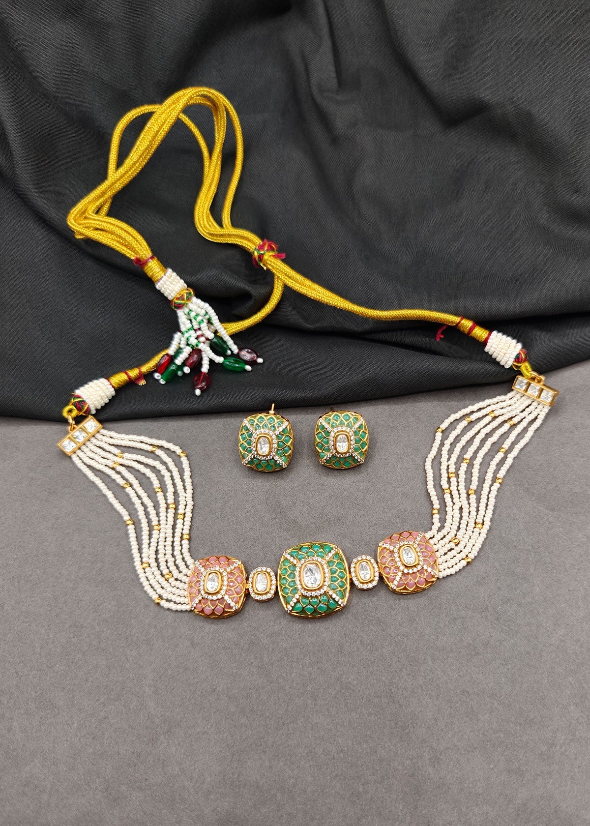 Royal Cushion Meenakari Short Pearl Choker Necklace Set For Women
