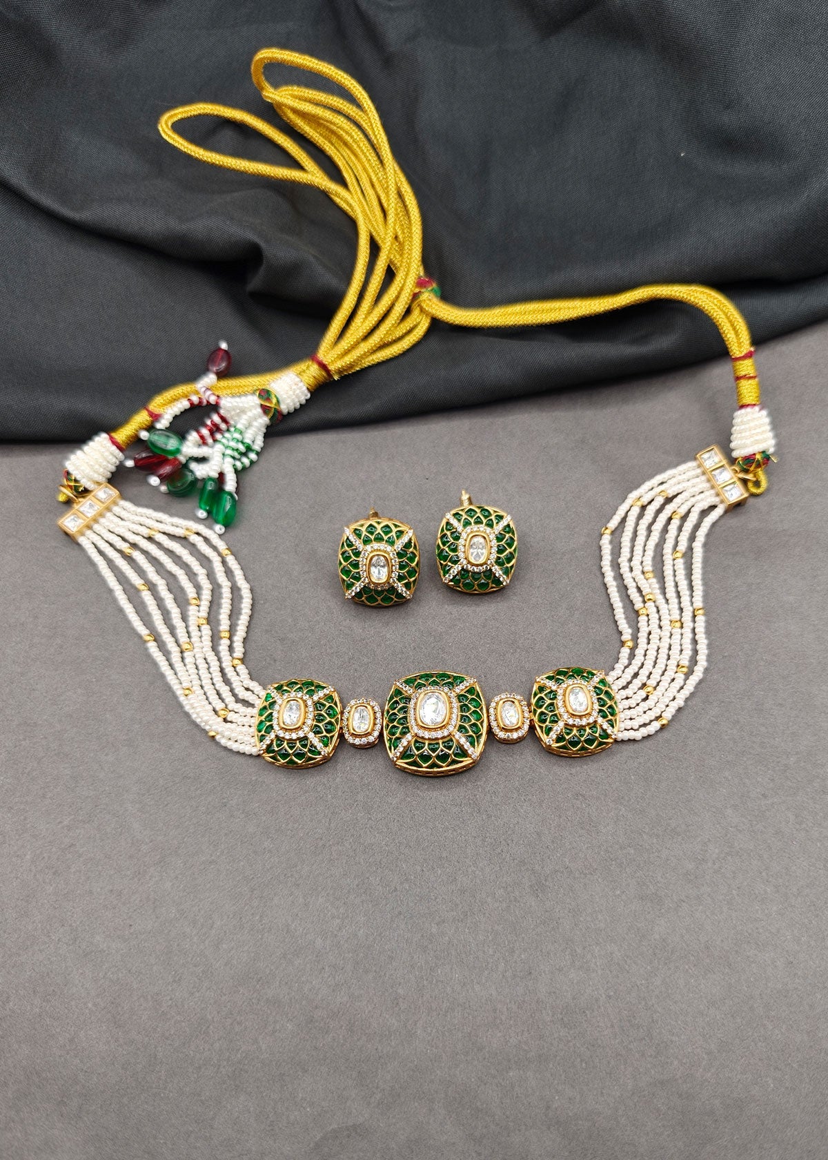 Royal Cushion Meenakari Short Pearl Choker Necklace Set For Women