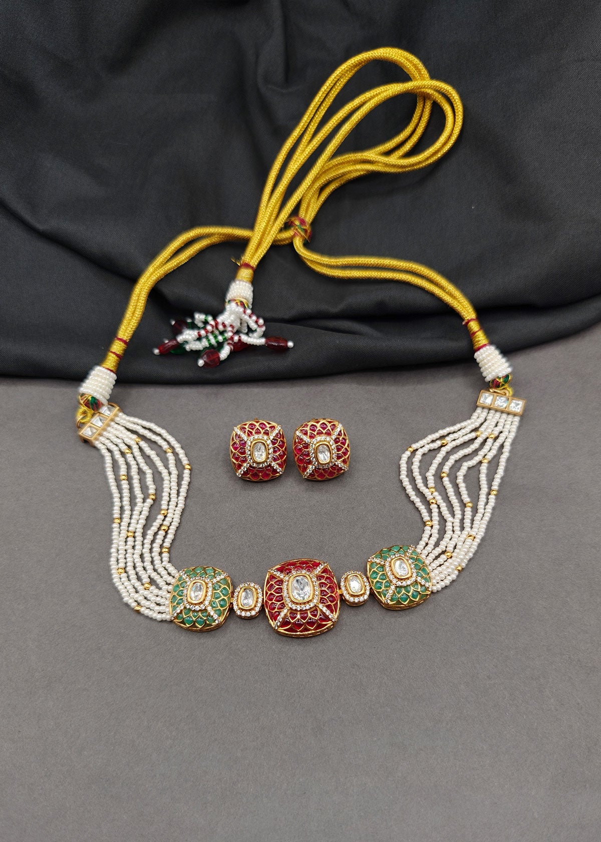 Royal Cushion Meenakari Short Pearl Choker Necklace Set For Women
