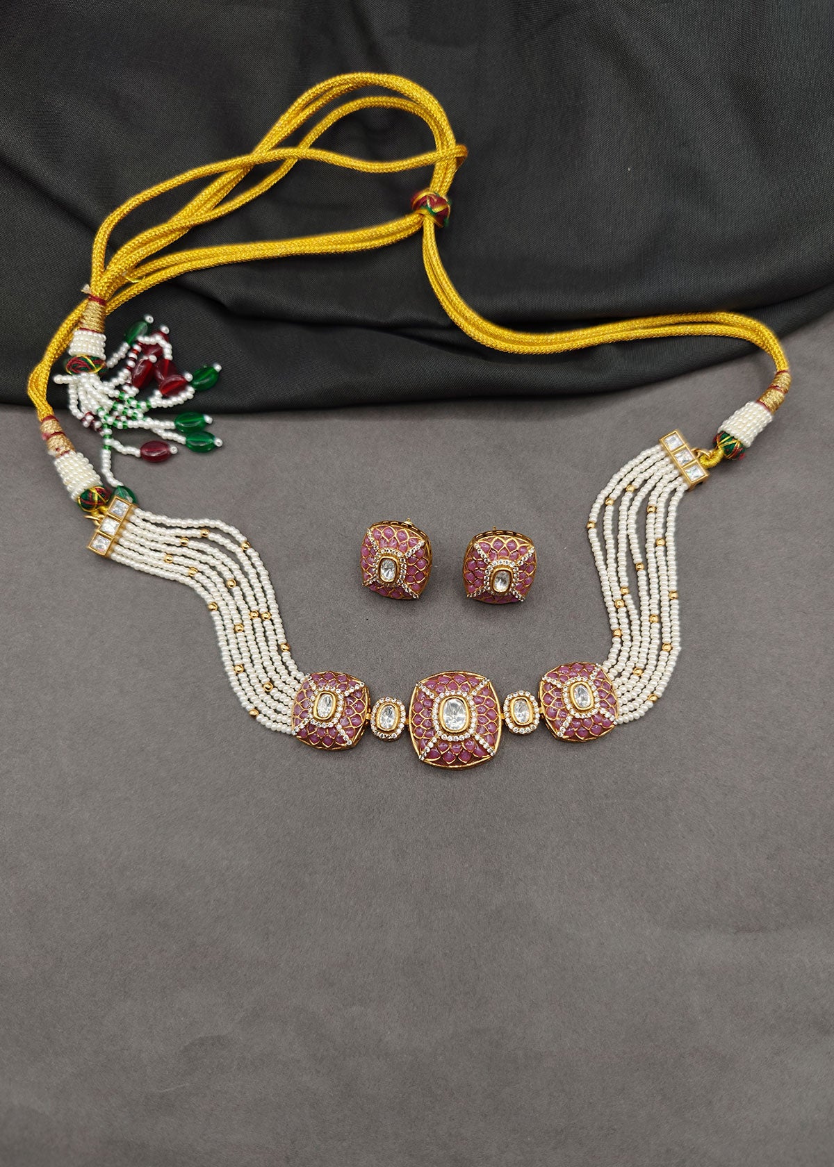 Royal Cushion Meenakari Short Pearl Choker Necklace Set For Women