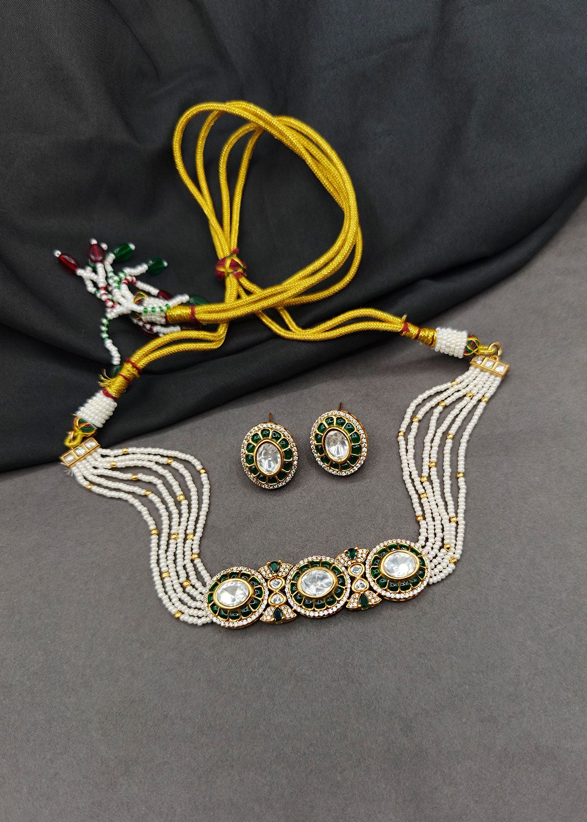 Short Adjustable Green Meenakari Pearl Choker Necklace Set For Women