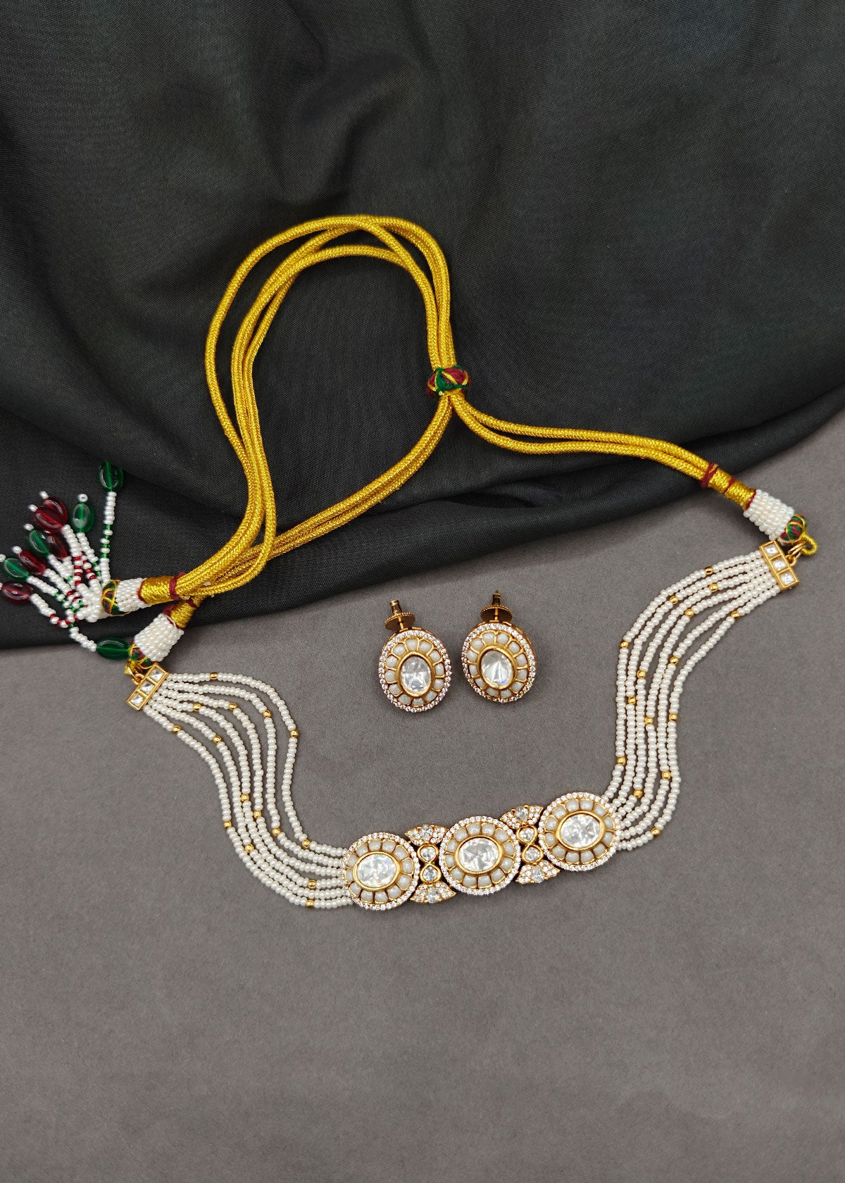 Short Adjustable Meenakari Pearl Choker Necklace Set For Women