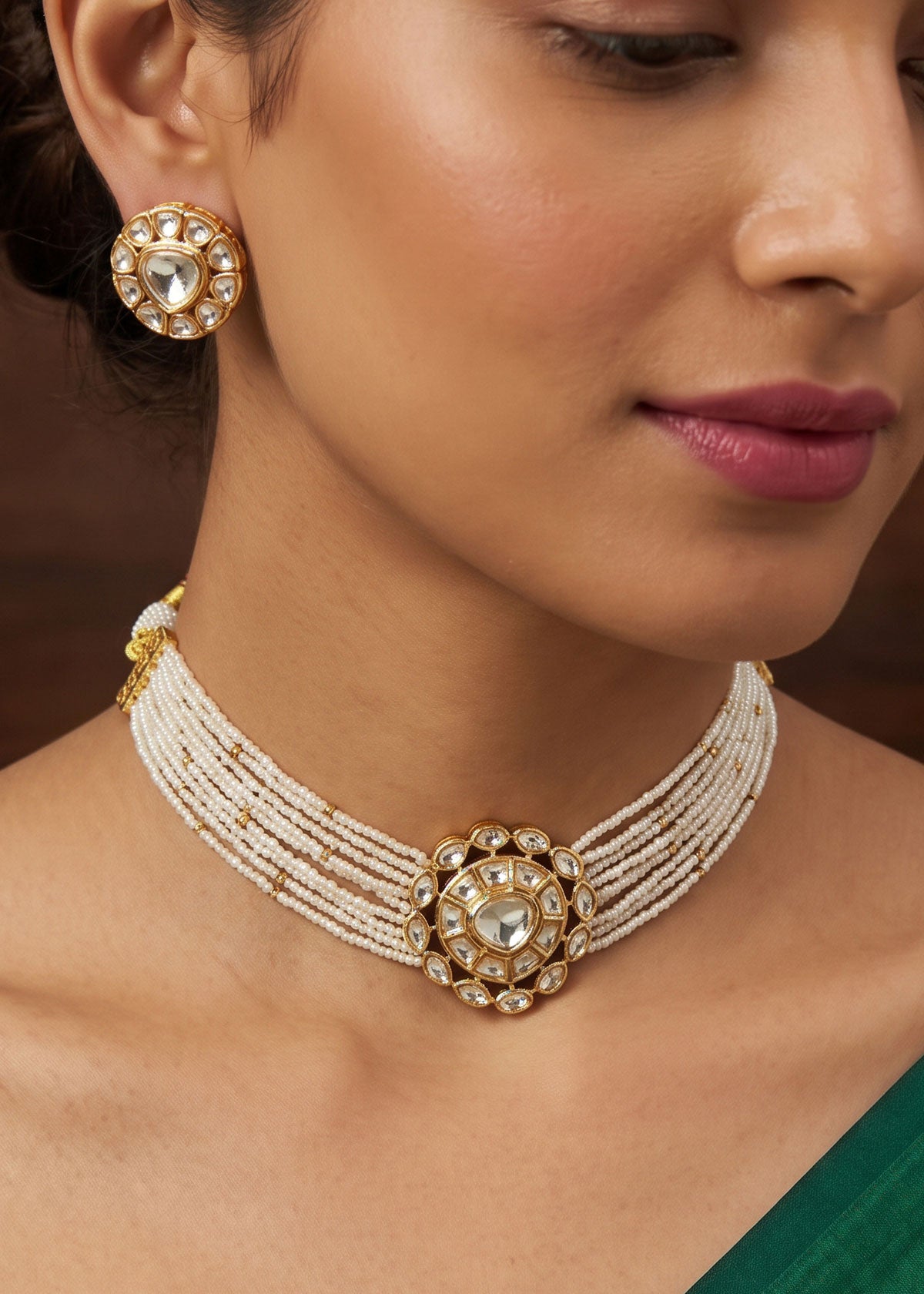 Multi Strand Pearl & Moissanite Polki Adjustable Choker Necklace Set For Women