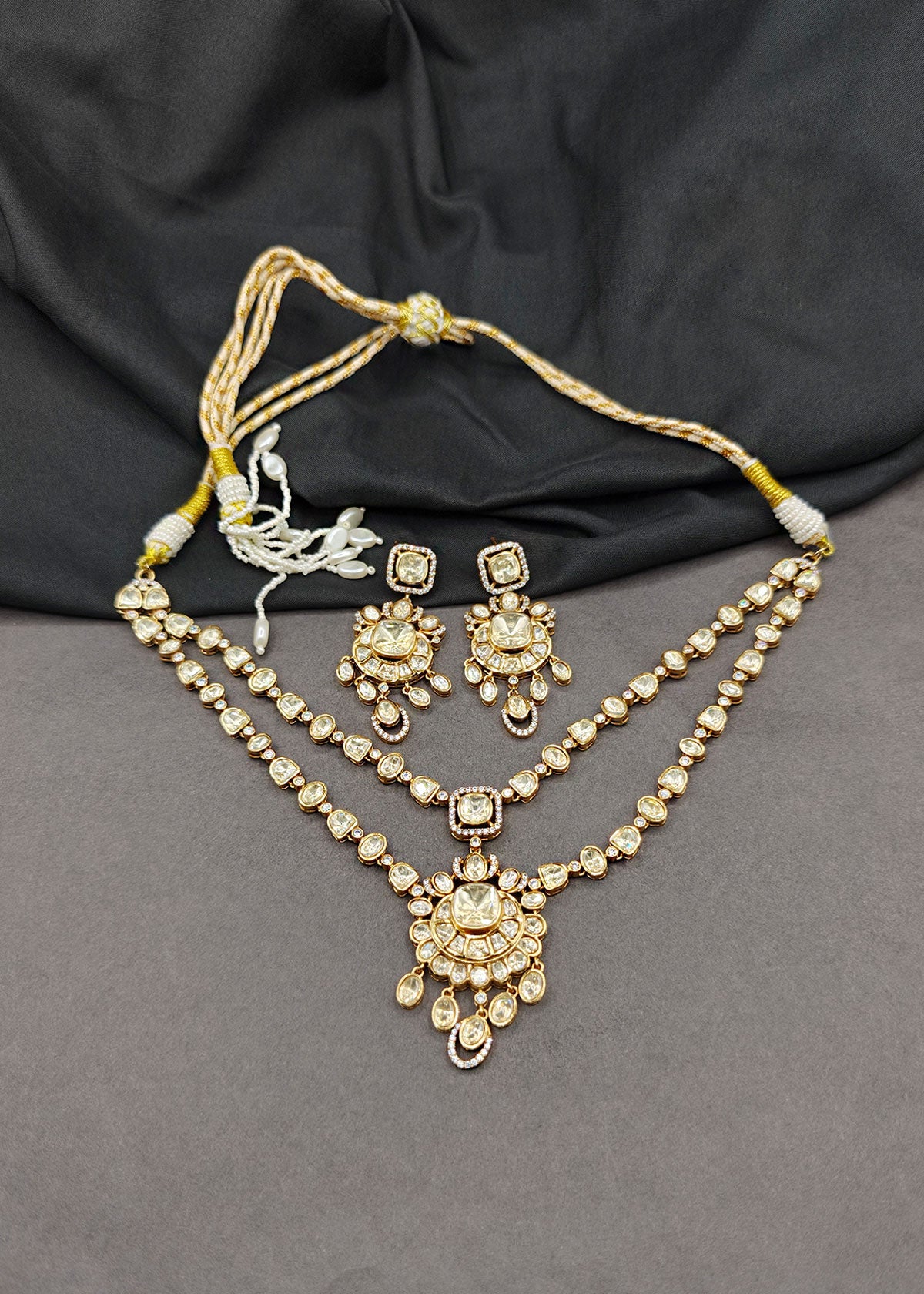 Moissanite & Cubic Zircon Floral Double Layered Short Necklace Set For Women