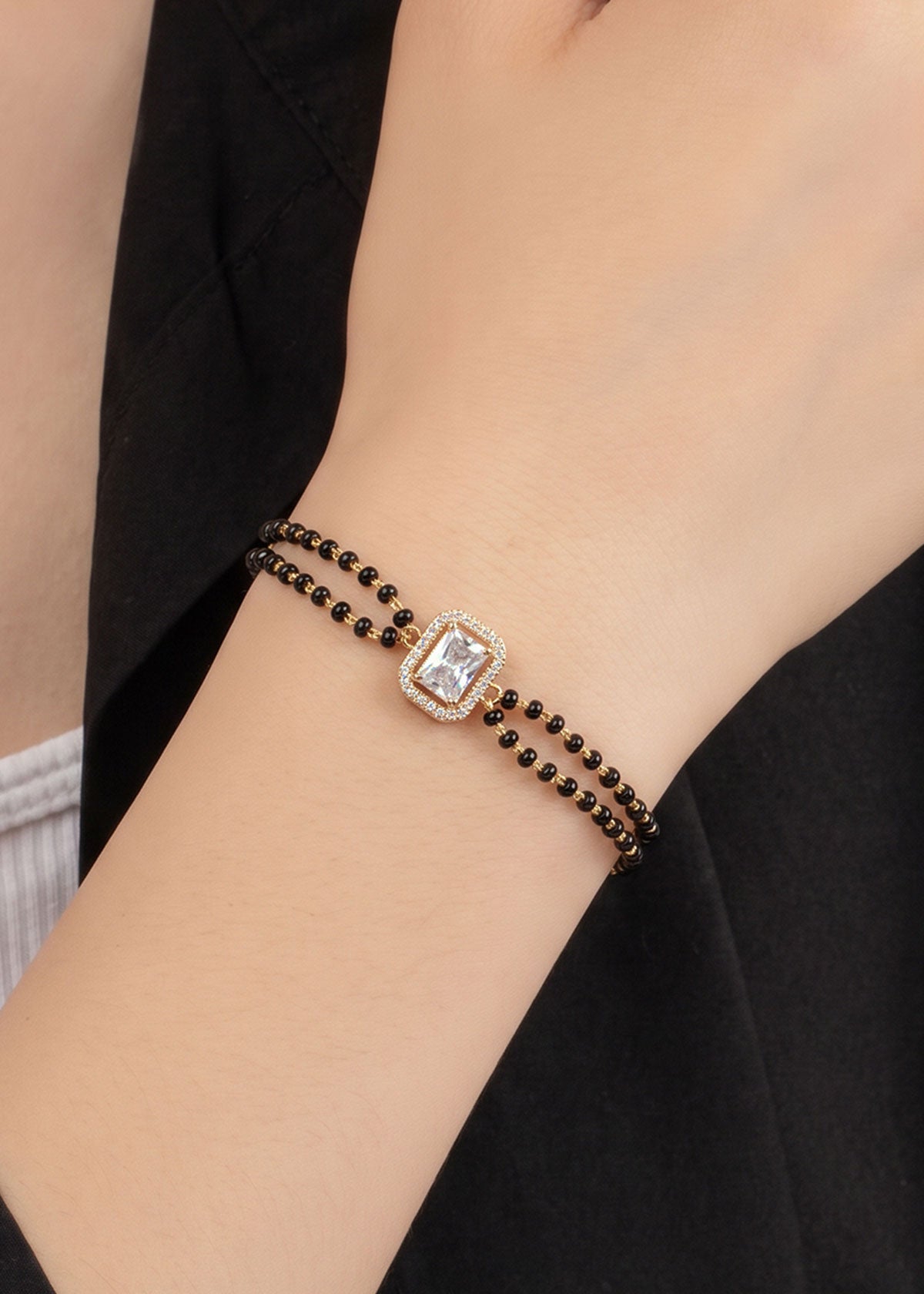 Emerald Cut Solitaire Delicate Adjustable Loose Mangalsutra Bracelet For Women