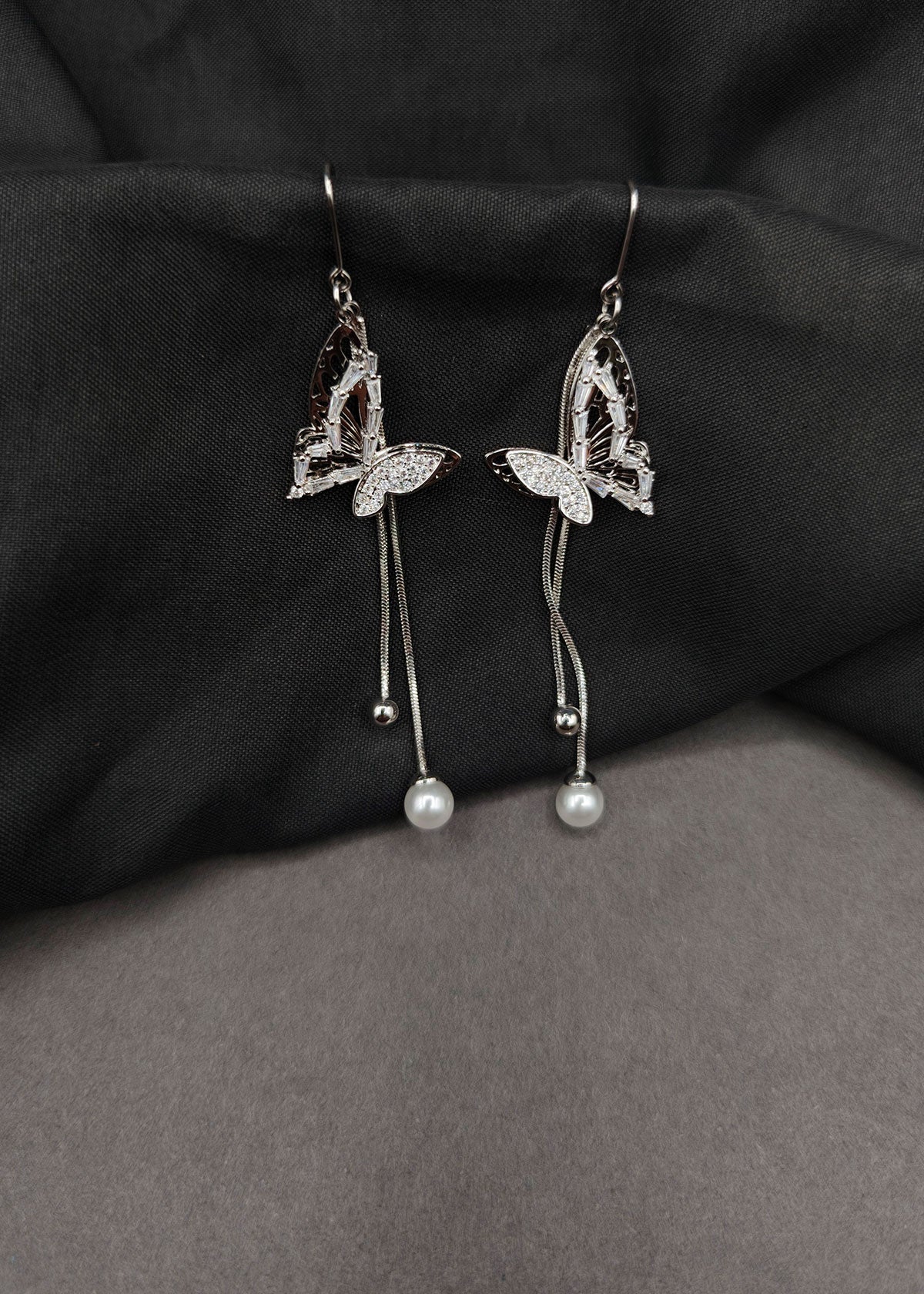 Baguette Zircon Butterfly & Dangling Pearl Threader Sui Dhaga Earrings For Women