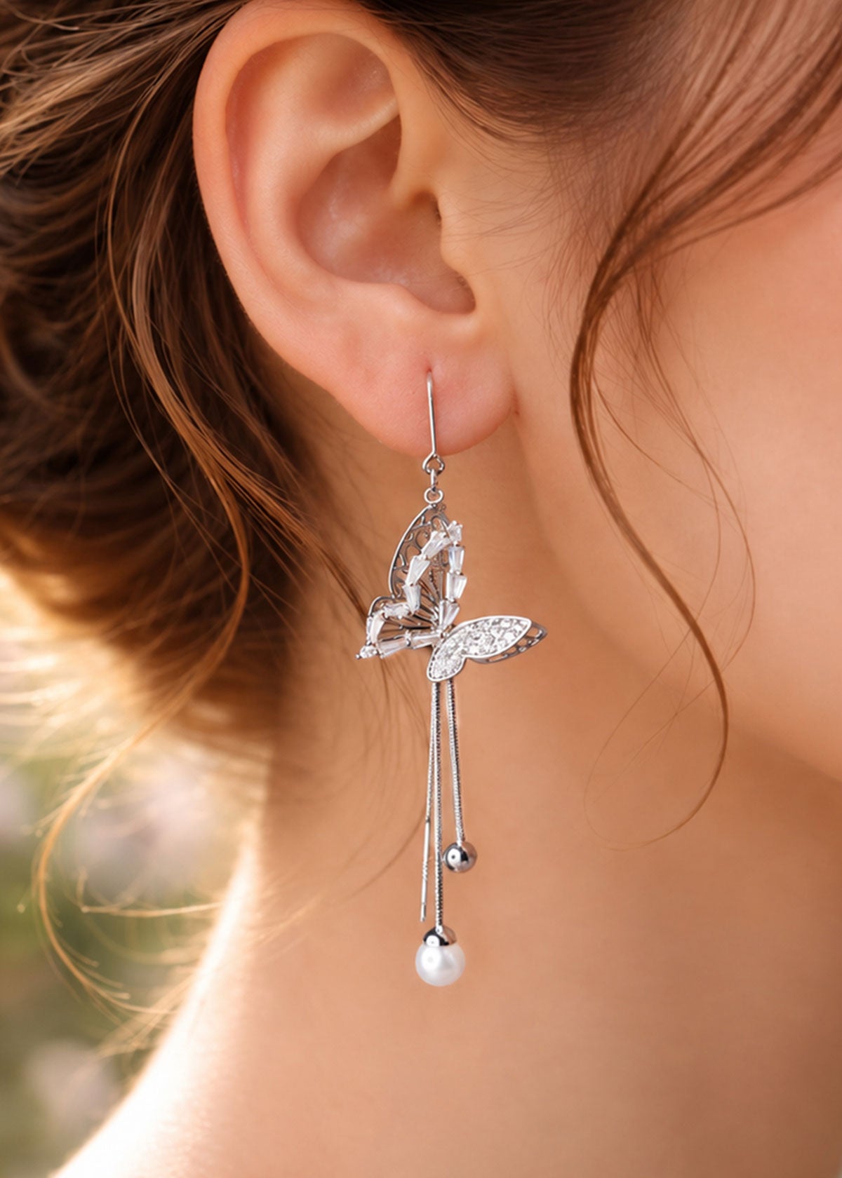 Baguette Zircon Butterfly & Dangling Pearl Threader Sui Dhaga Earrings For Women