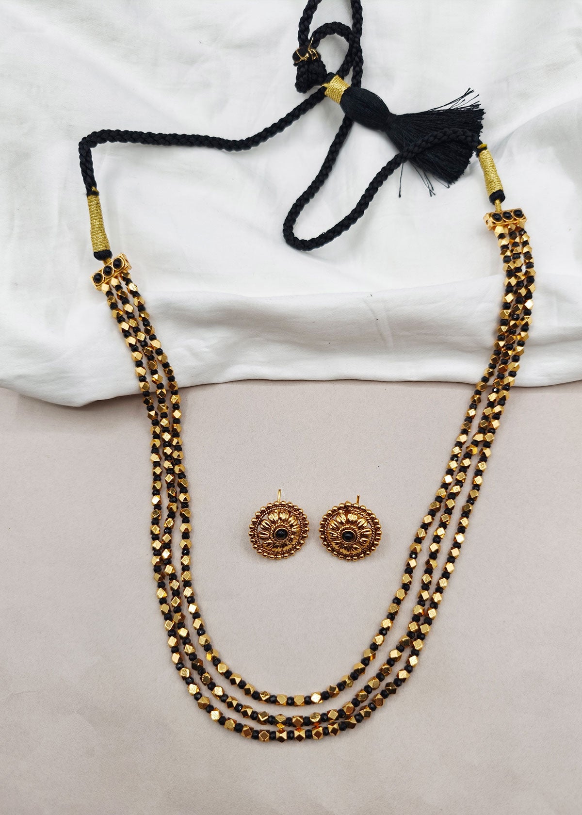 Antique Gold Plated 3 Layer Beaded Long Necklace Set For Women