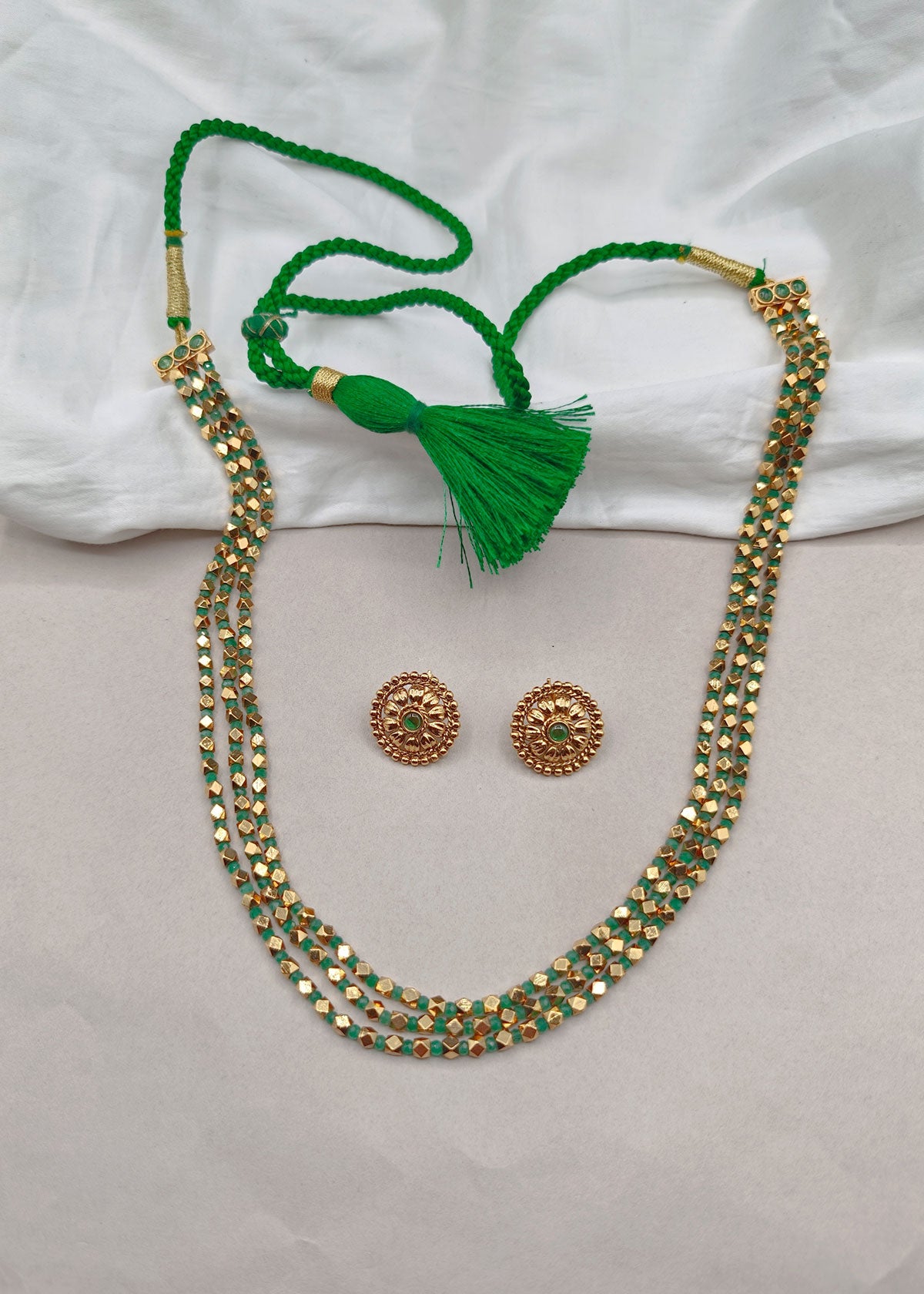 Antique Gold Plated 3 Layer Beaded Long Necklace Set For Women