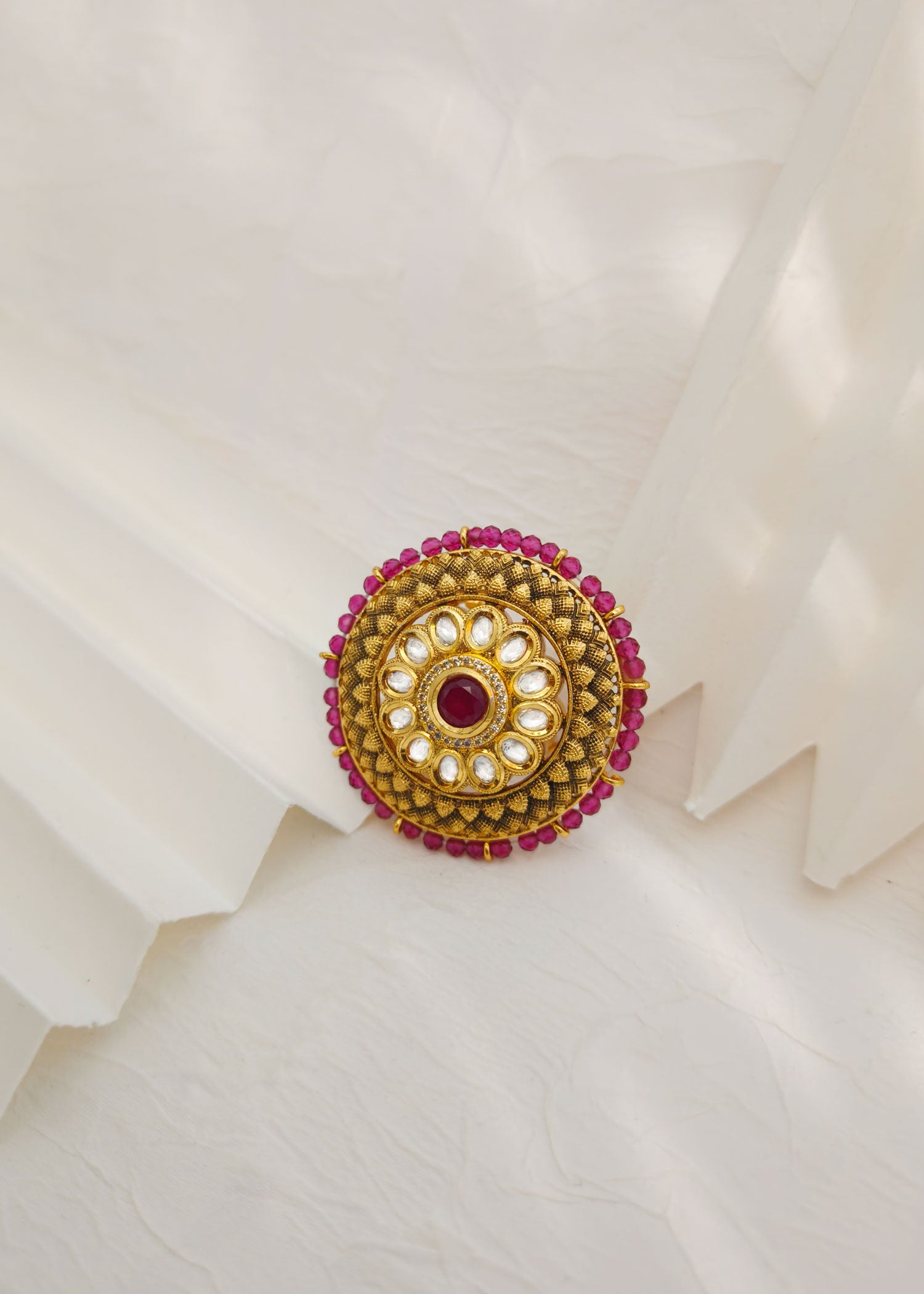 Big Antique Gold Ruby-Pink Kundan Finger Ring