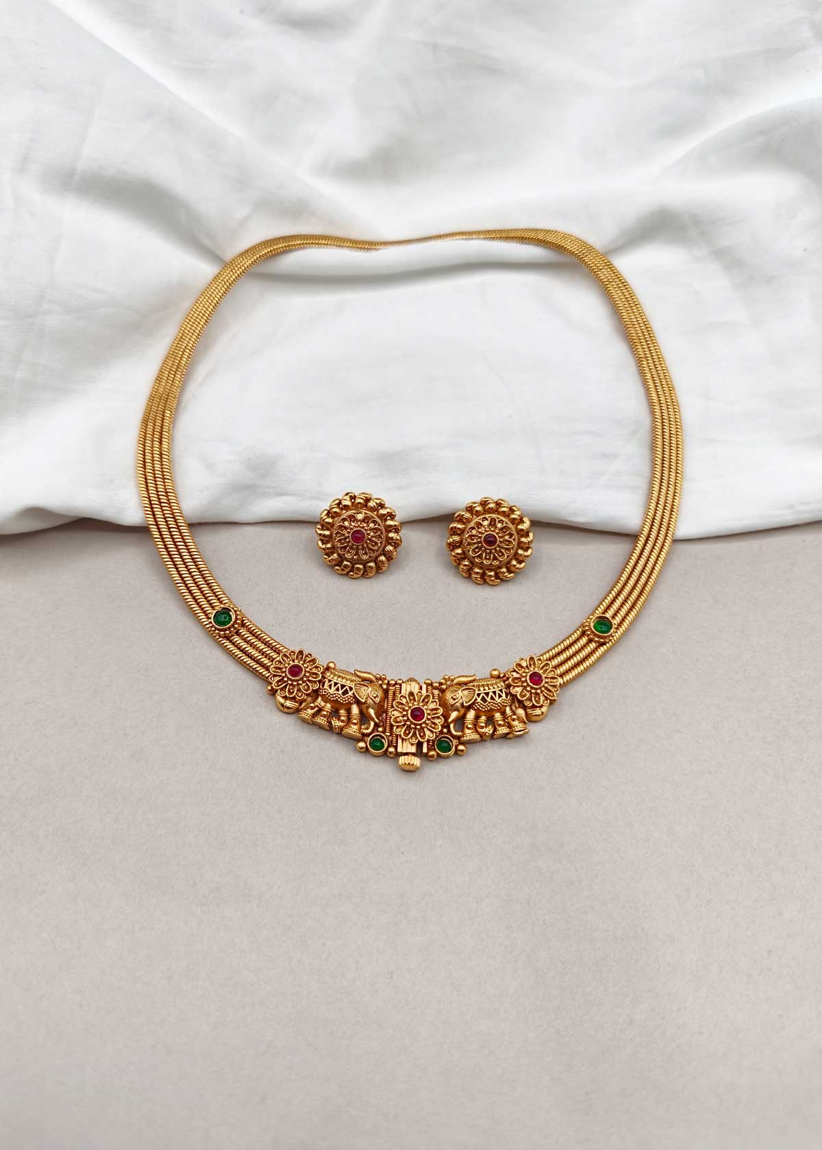 Elephant Motif Front Openable Antique Style Short Necklace Set For Women