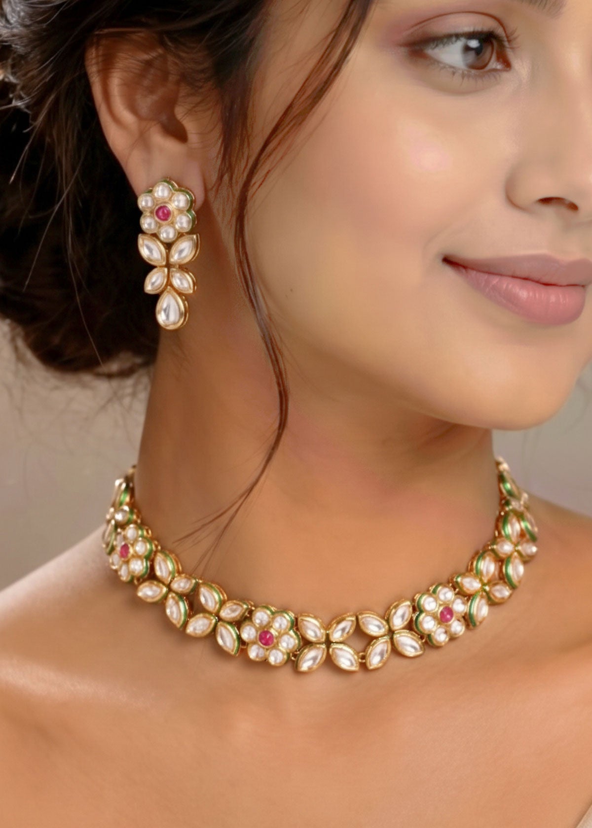 Gold Kundan Floral Short Adjustable Necklace Set For Women