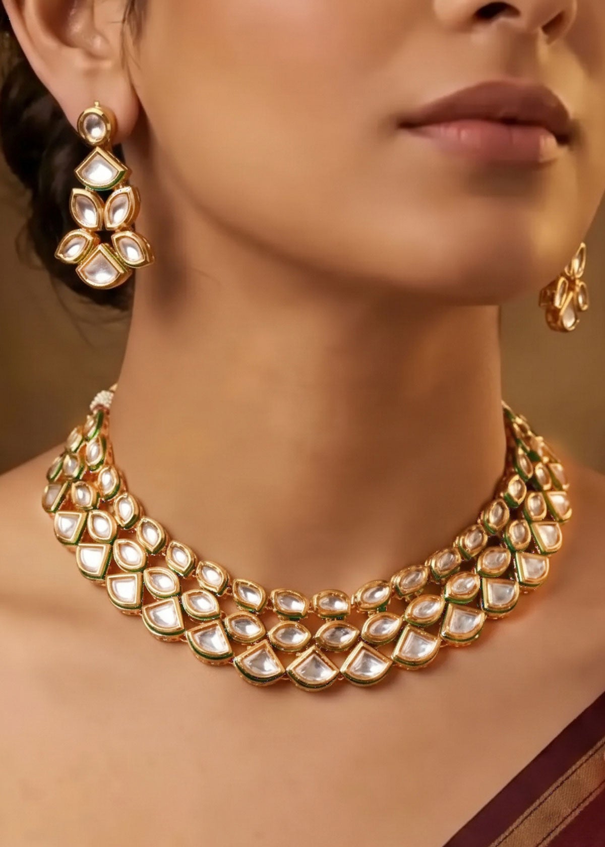 Handcrafted Layered Kundan Short Adjustable Necklace Set For Women
