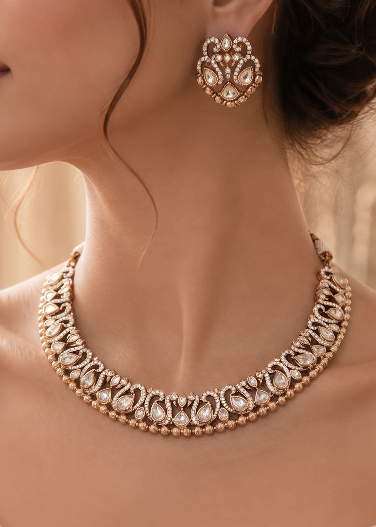 Peacock Motif Kundan & Cubic Zircon Short Adjustable Necklace Set For Women