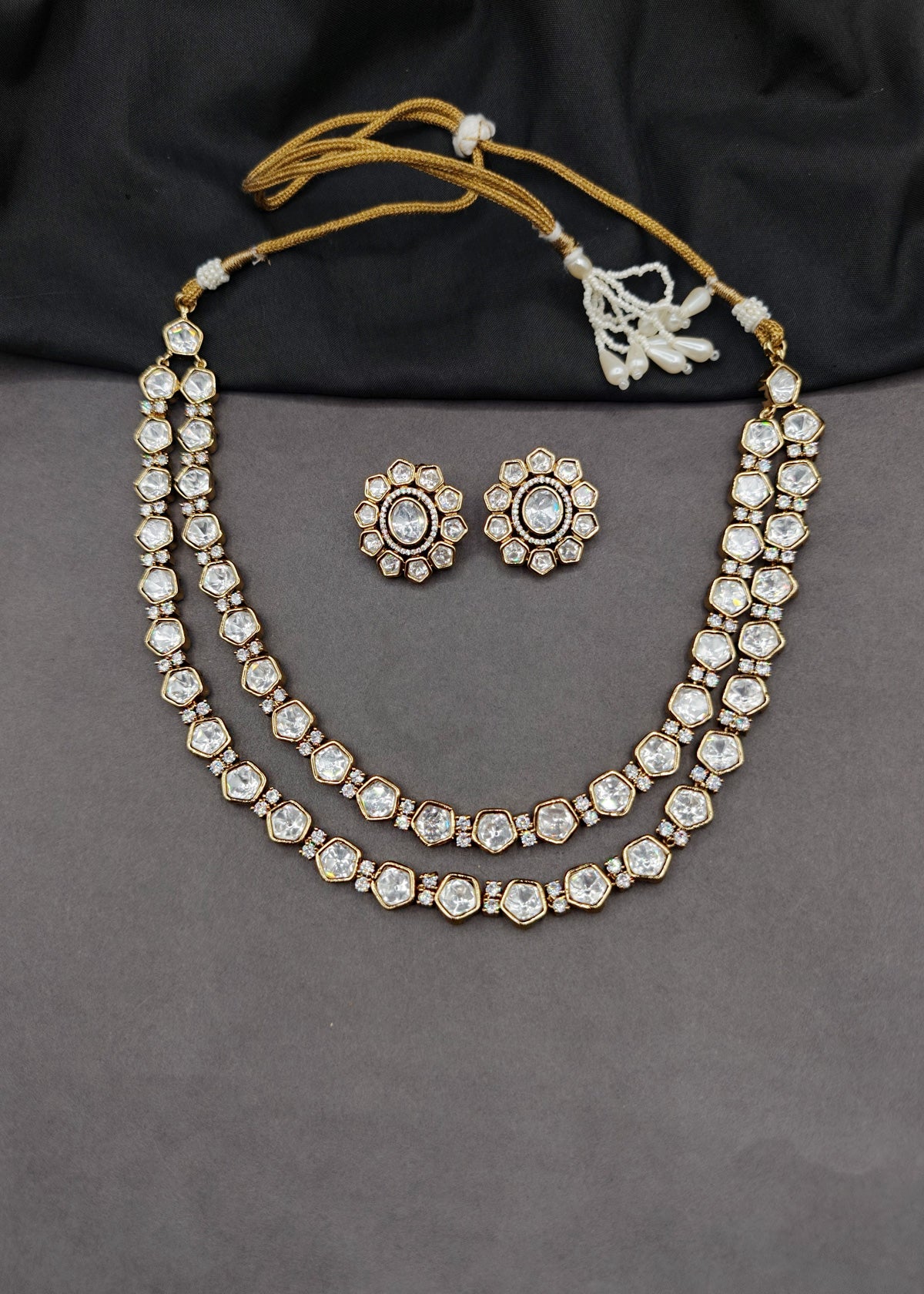 Two Line Gold Plated Kundan & Cubic Zircon Short Necklace Set For Women